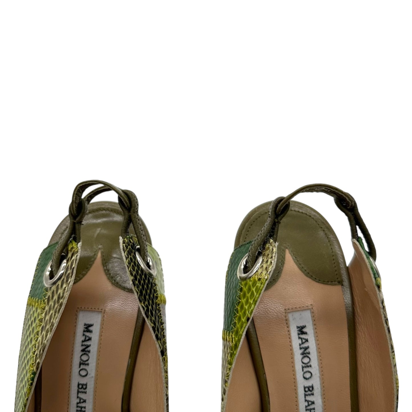 Manolo Blahnik Green Patchwork Snakeskin Heels