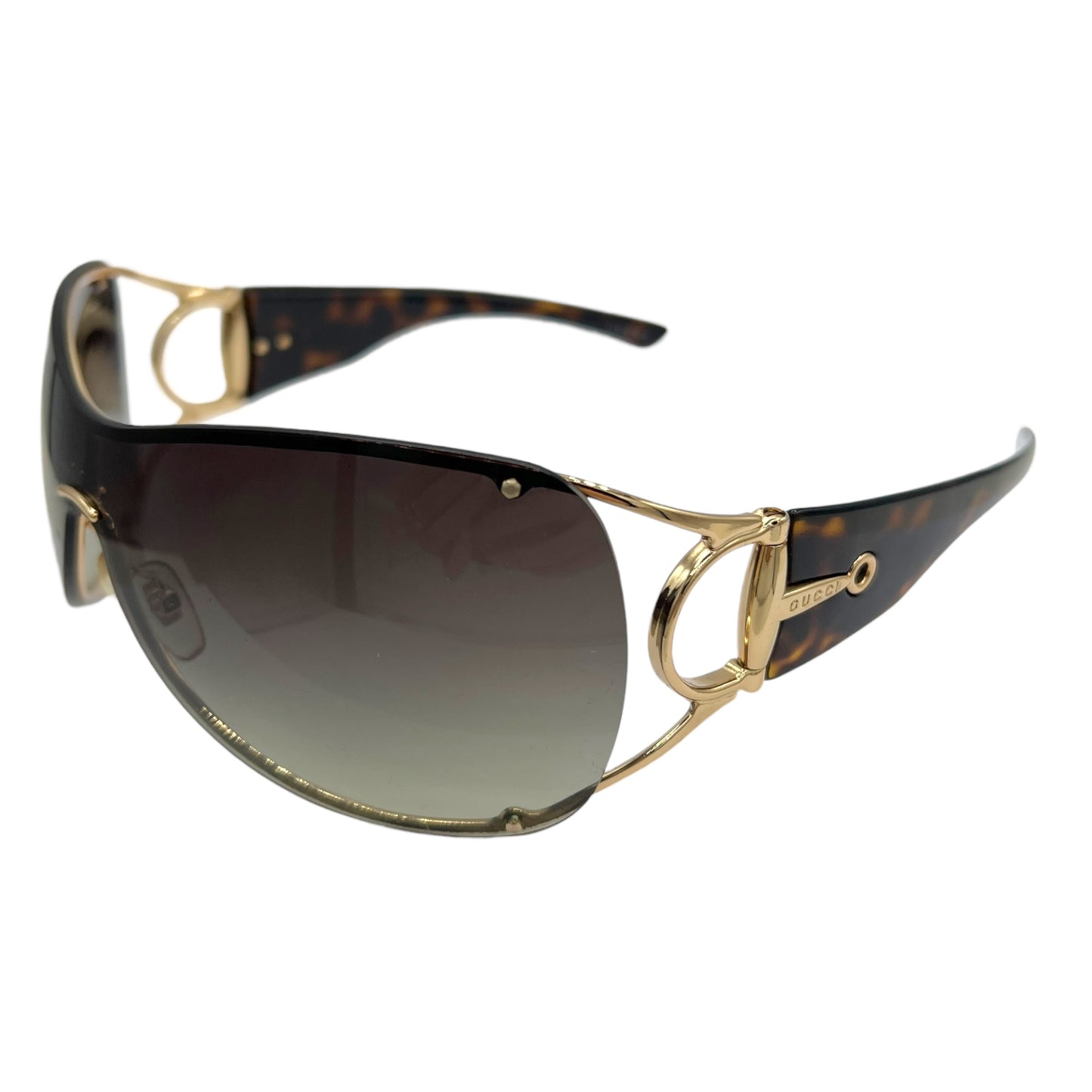 Gucci Tortoise Brown & Gold Horsebit Arm Oversized Shield Sunglasses GG2764 w/ Case