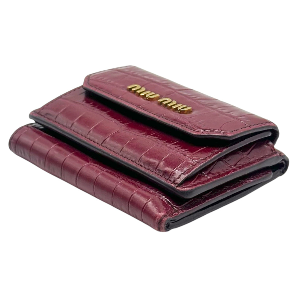 Miu Miu Compact Wallet Burgundy Croc Embossed