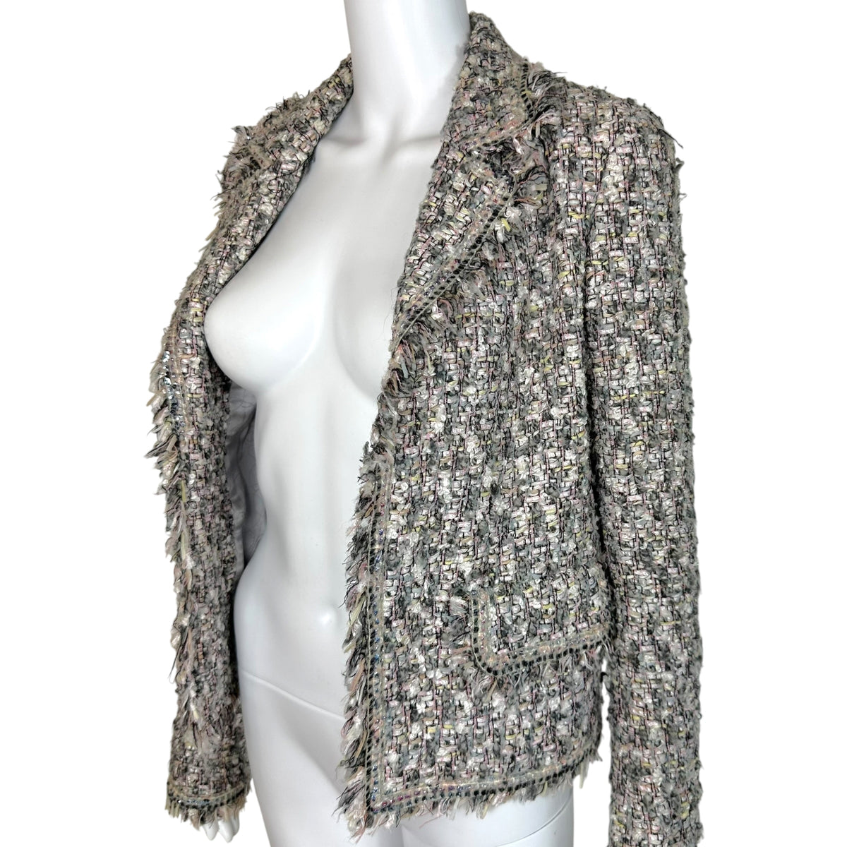 Chanel Tweed Blazer Jacket Pink Gray Sequin Trim