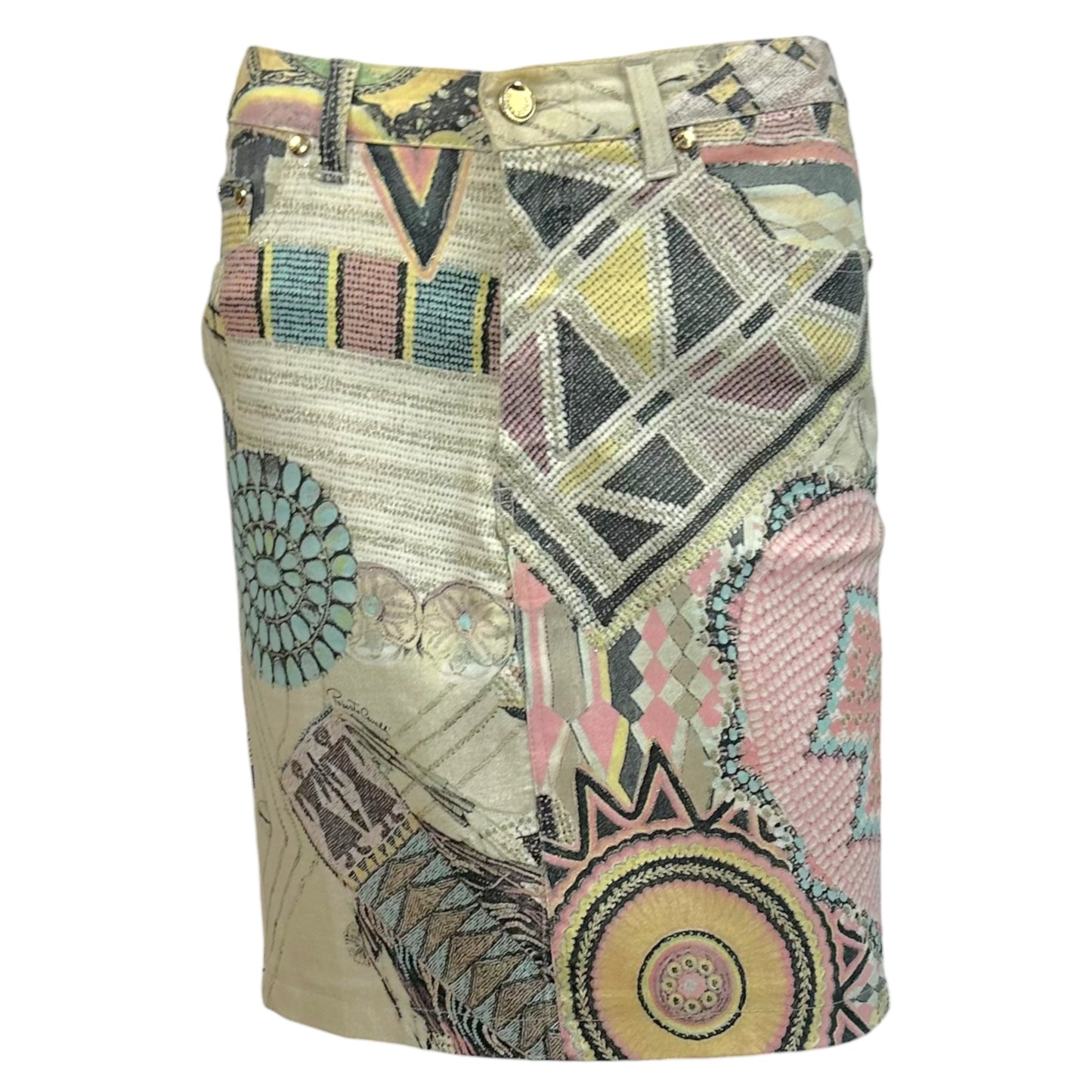 Roberto Cavalli S/S 2003 Glitter & Pastel Printed Denim Midi Skirt