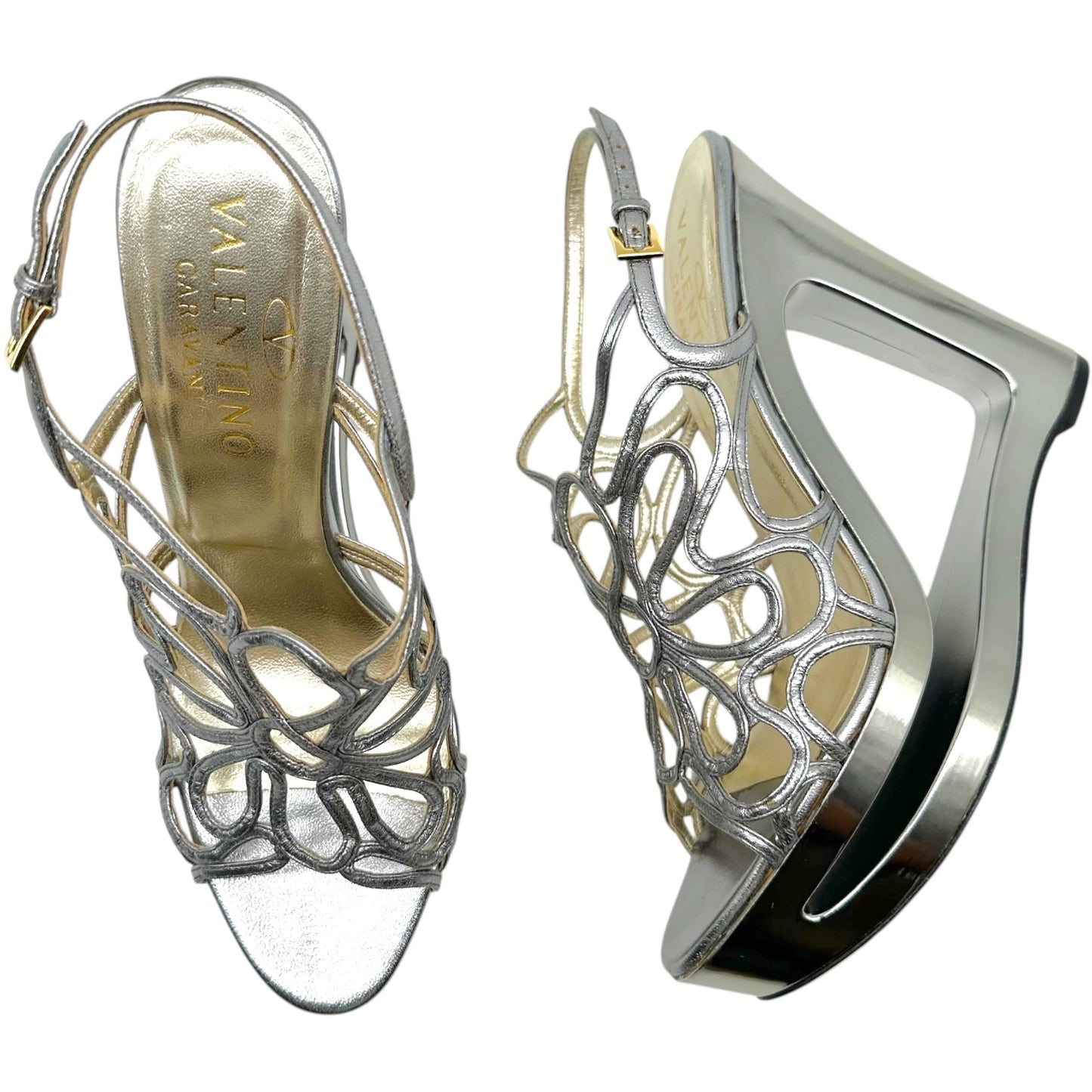 Valentino Garavani Silver Cut-Out Platform Wedge Heels