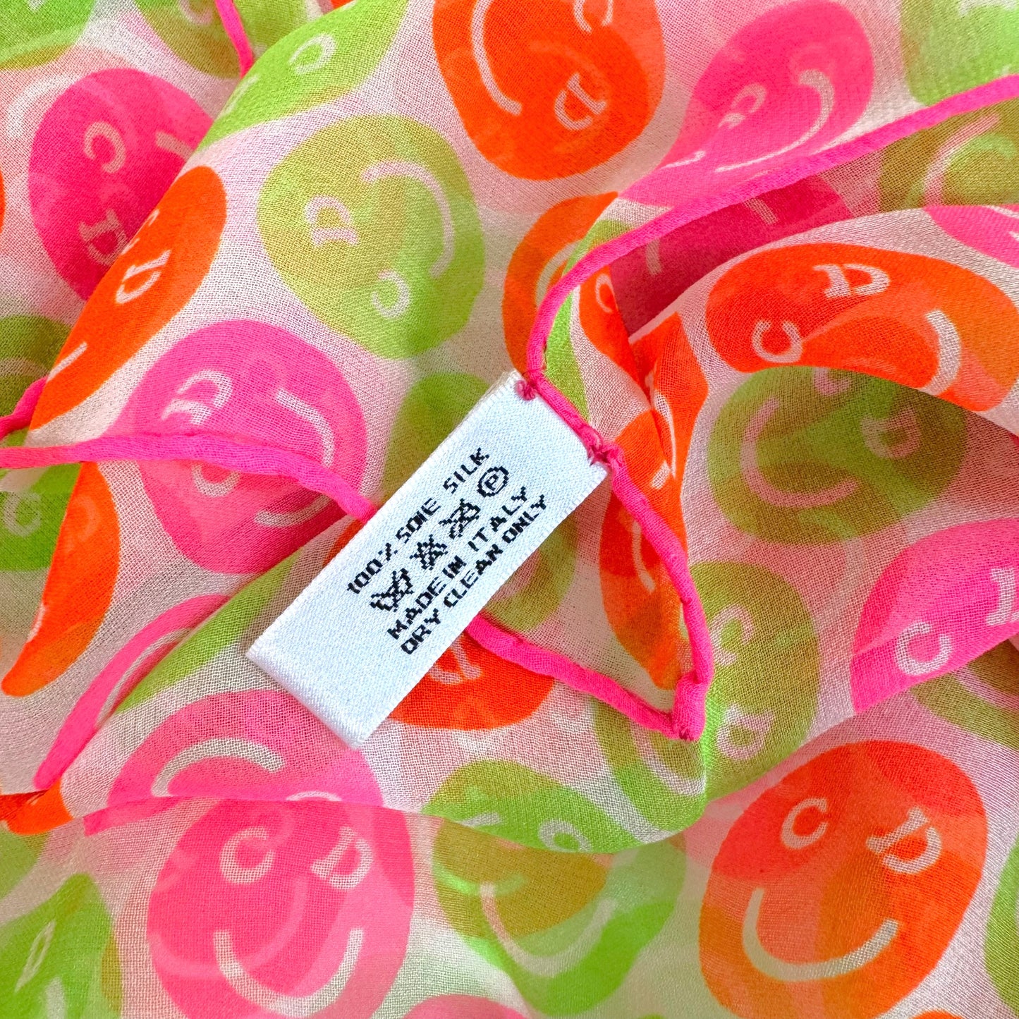 Christian Dior F/W 2001 Neon Pink & Green CD Smiley Face Sheer Silk Square Scarf