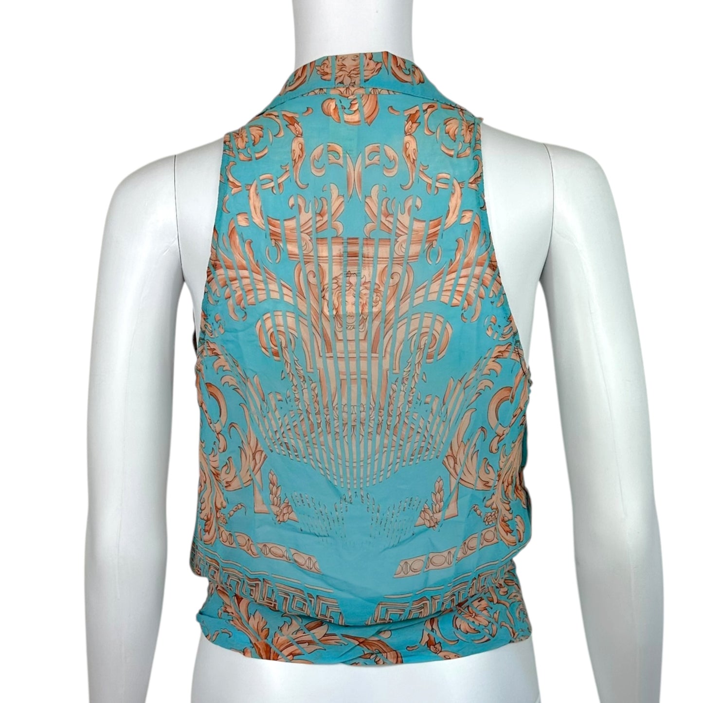Gianni Versace Turquoise & Beige Damask Print Tie Front Sheer Silk Sleeveless Blouse