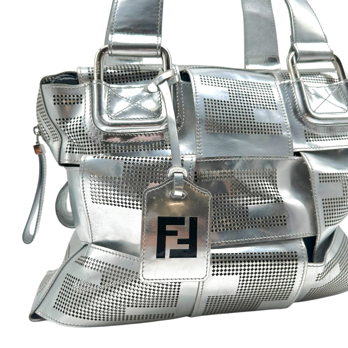 Fendi Silver Perforated Leather Shoulder Bag