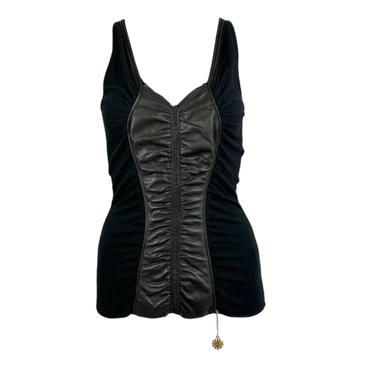 Roberto Cavalli 2003 Black Lambskin Leather Panel Knit Tank