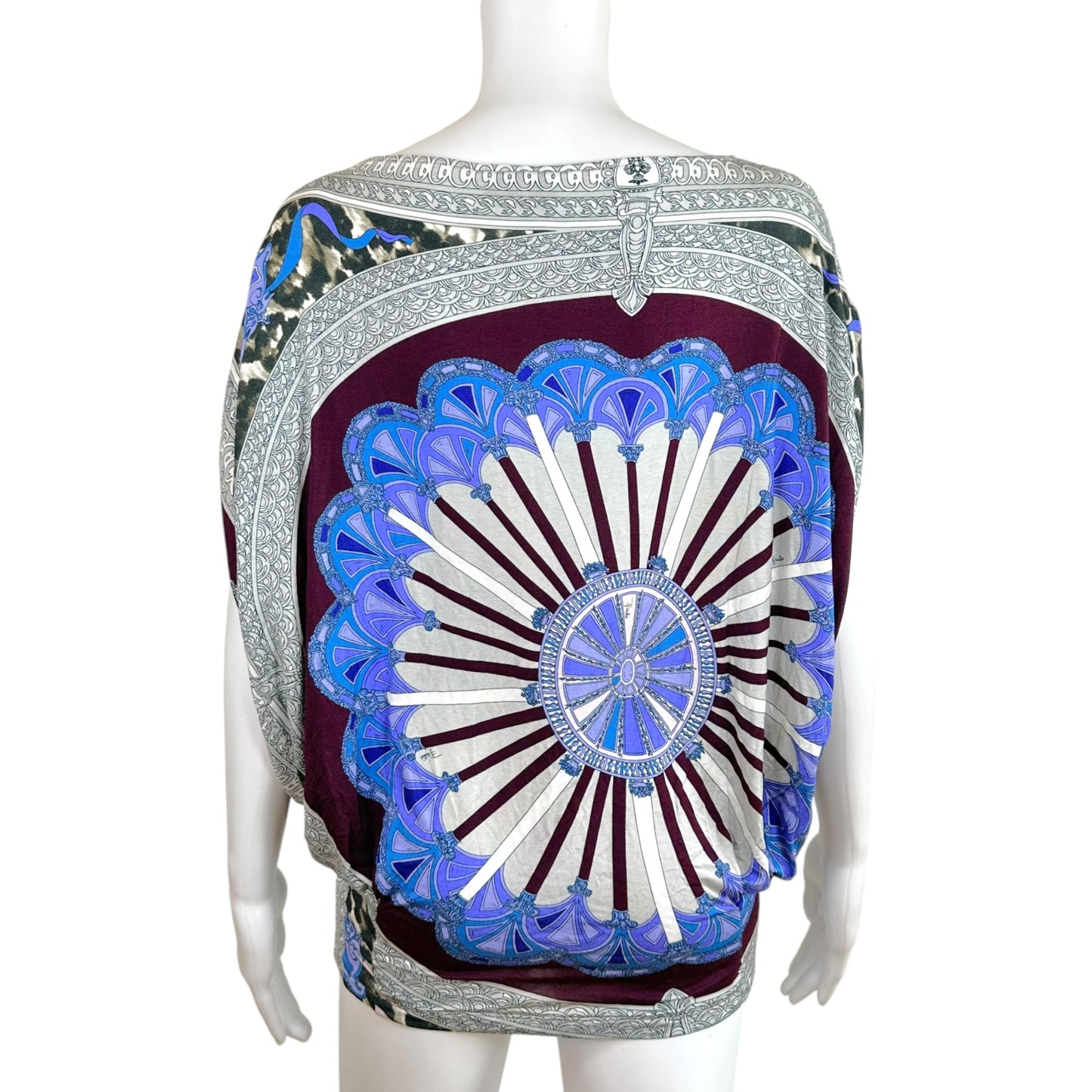 Emilio Pucci Off-Shoulder Dolman Top Blue Gray Multi Print