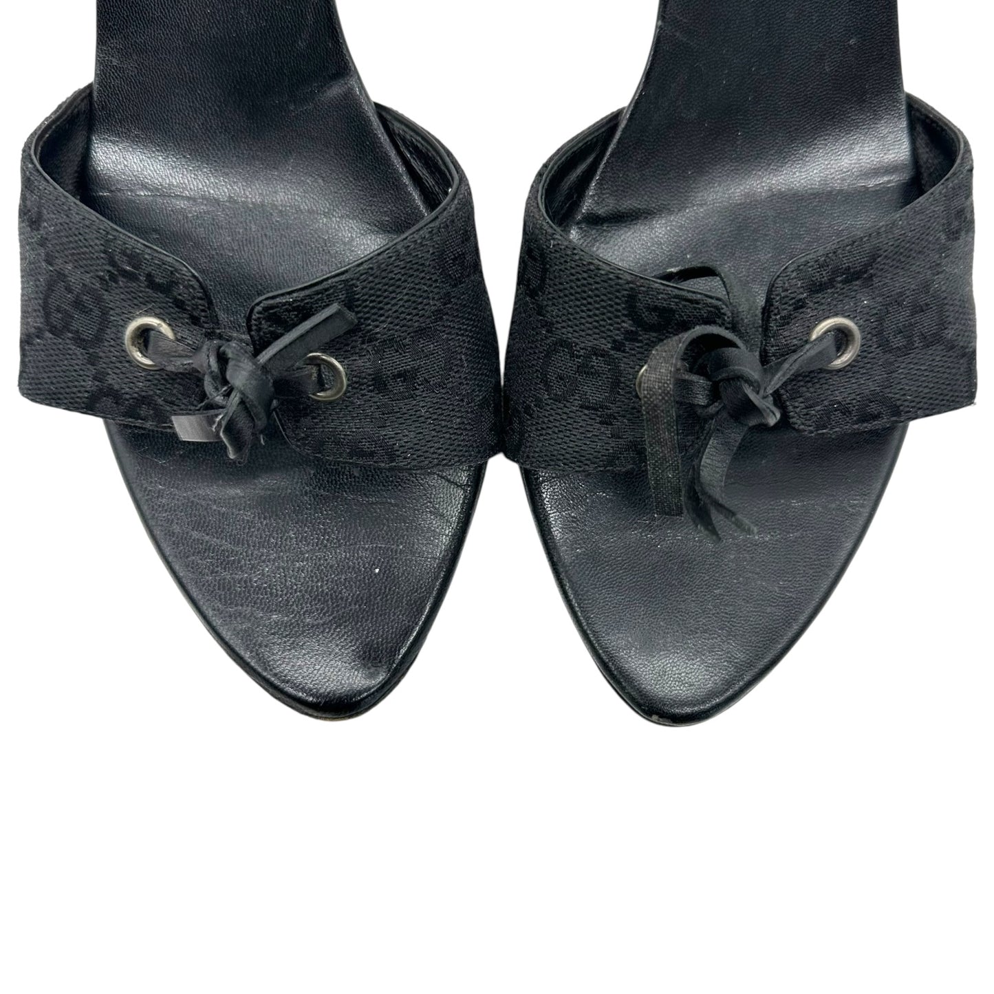 Gucci Black Leather Tie Monogram Mule Heels