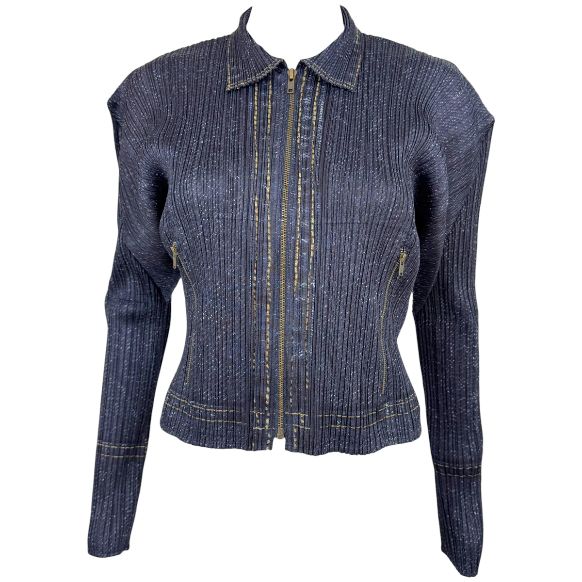 Issey Miyake Pleats Please Dark Wash Denim Printed Pleated Crop Zip-Up Top Sz 4
