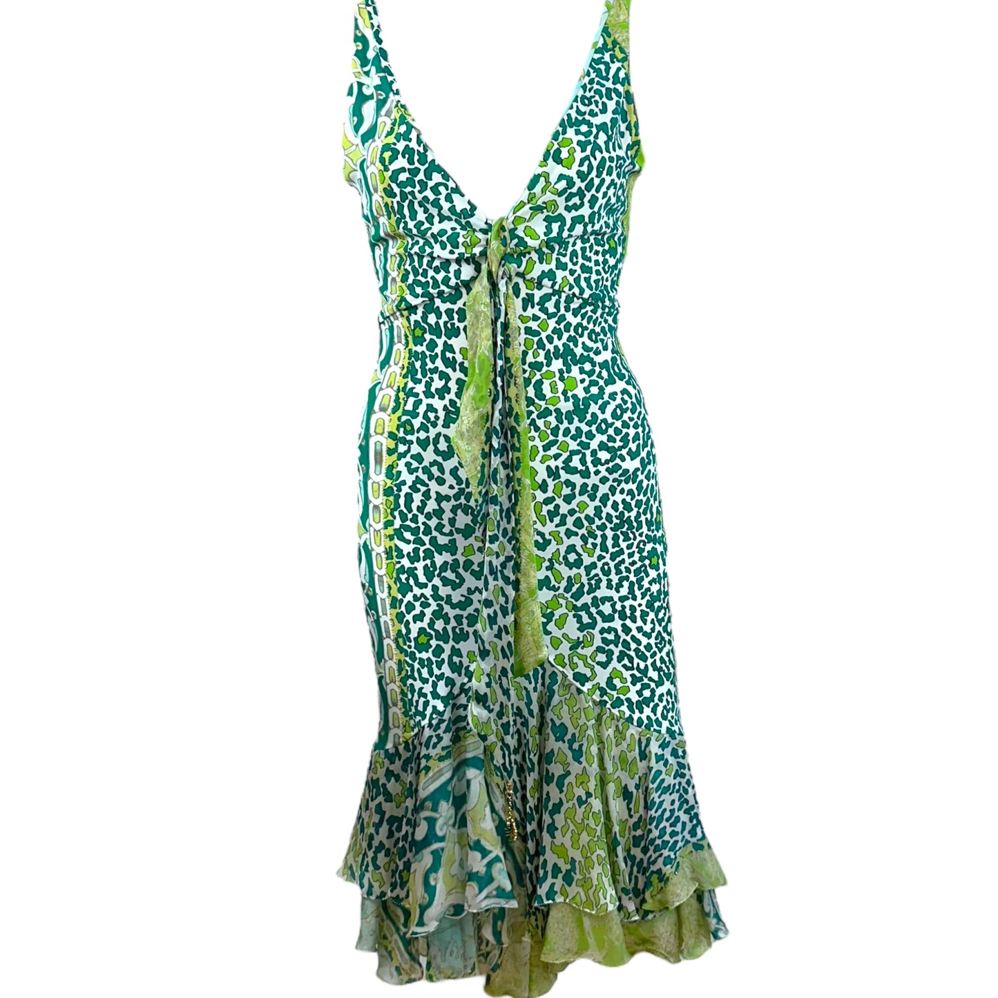 Roberto Cavalli Midi Dress Blue Green Silk Printed V-Neck