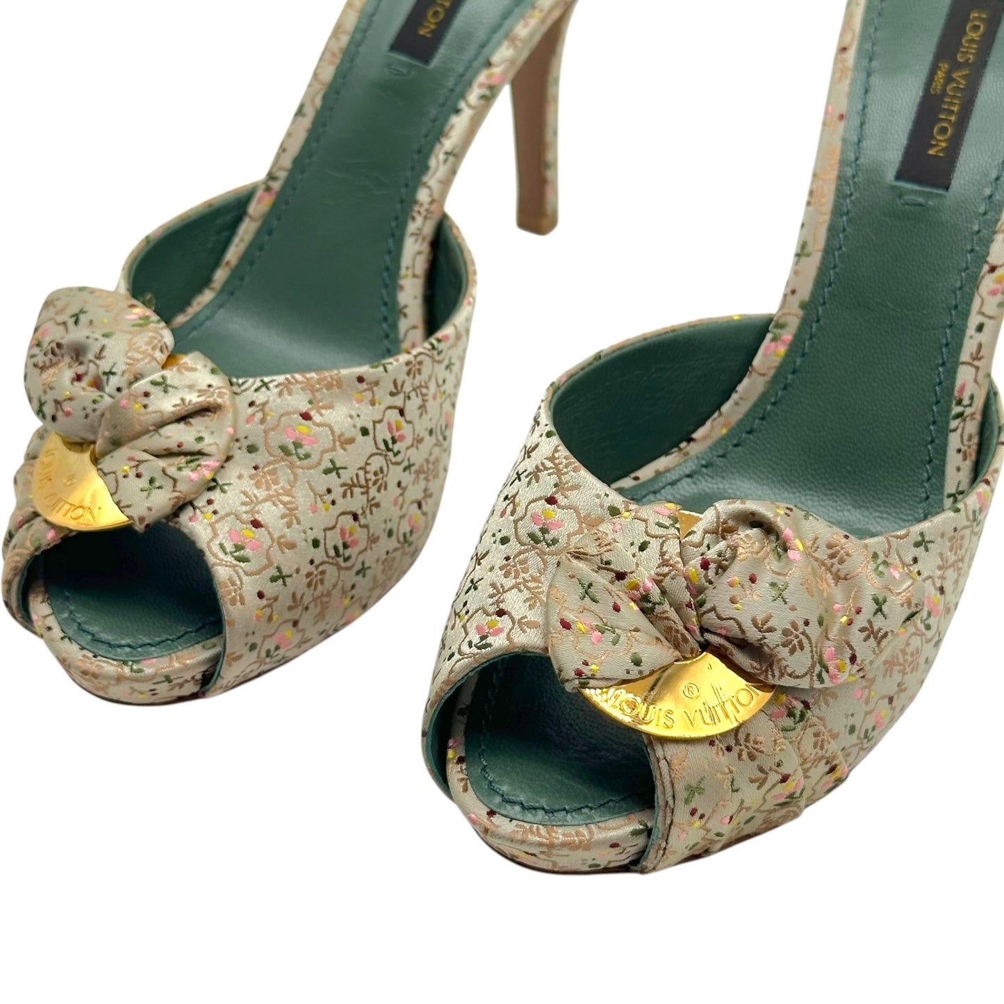 Louis Vuitton Pastel Floral Print Silk Heeled Mule Sandals