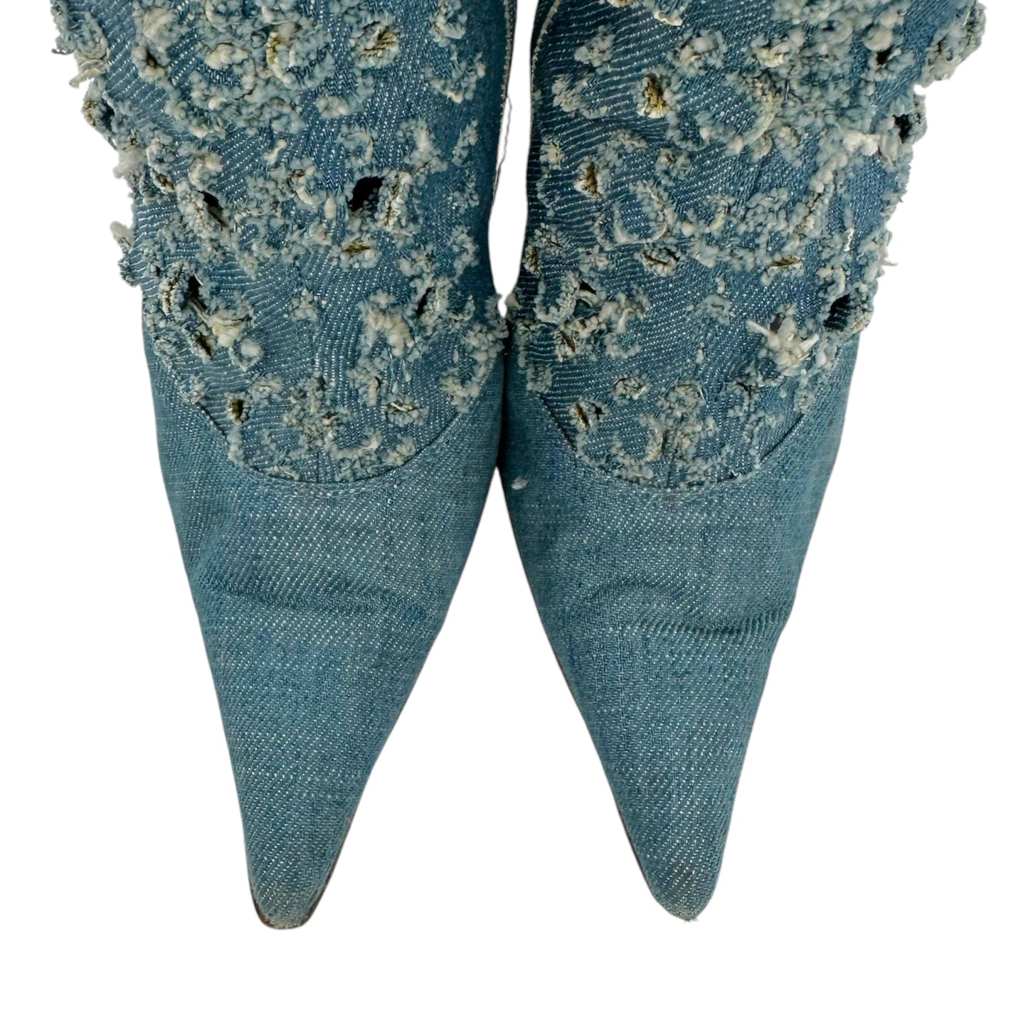 Versace Versus Distressed Denim Pointed Toe Boots - Outfit Repeater