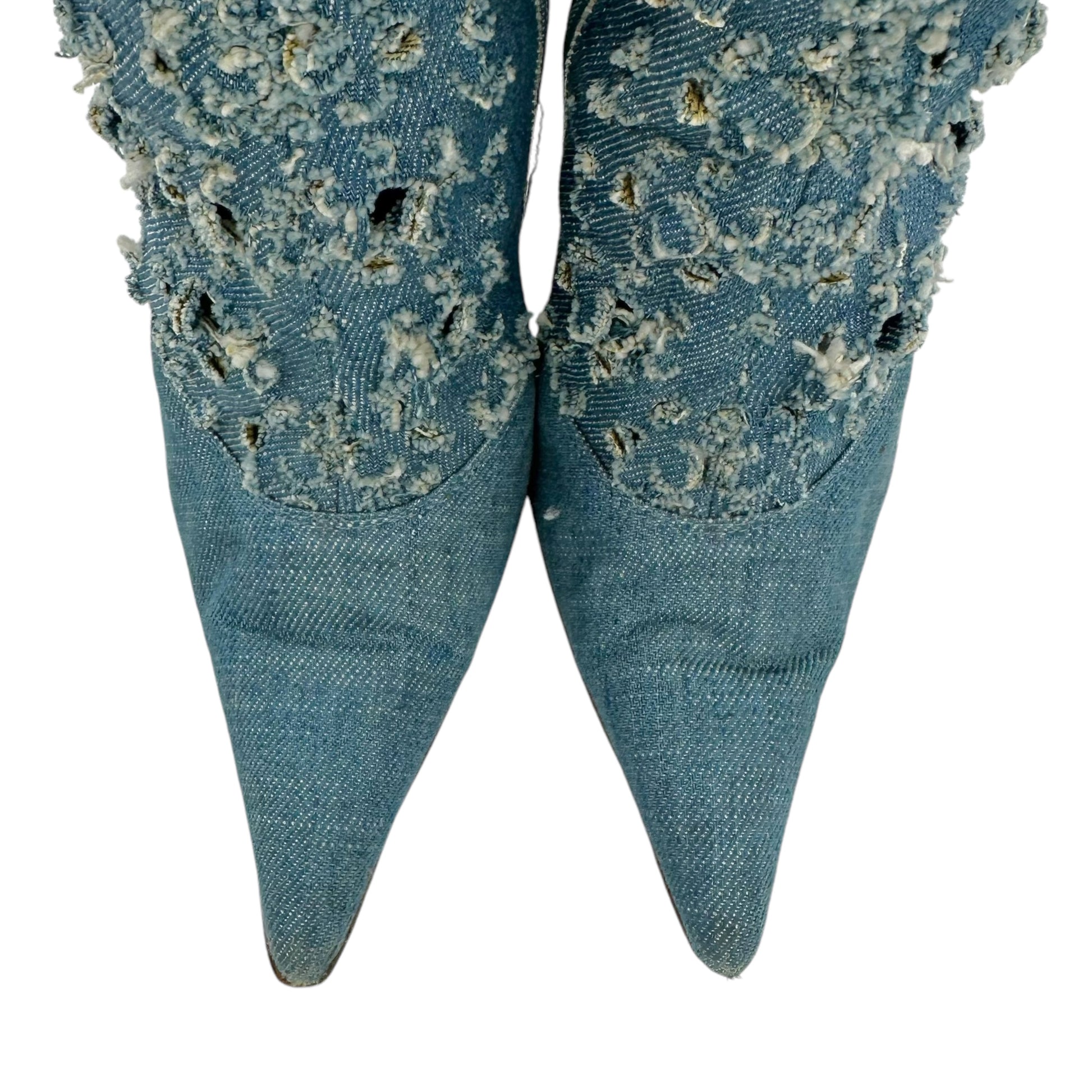 Versace Versus Distressed Denim Pointed Toe Boots - Outfit Repeater