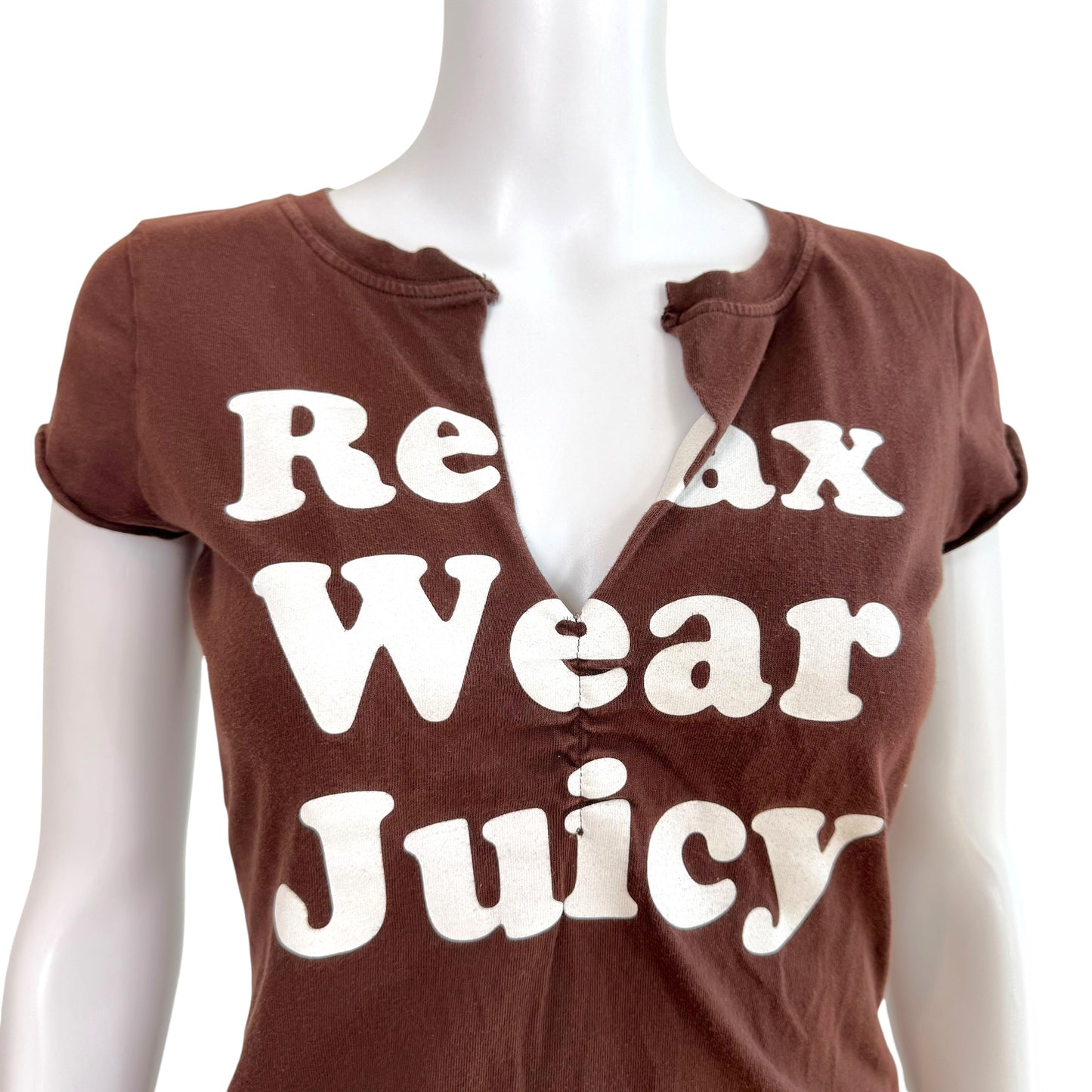 Juicy Couture Graphic T-Shirt Brown White Notched Neckline