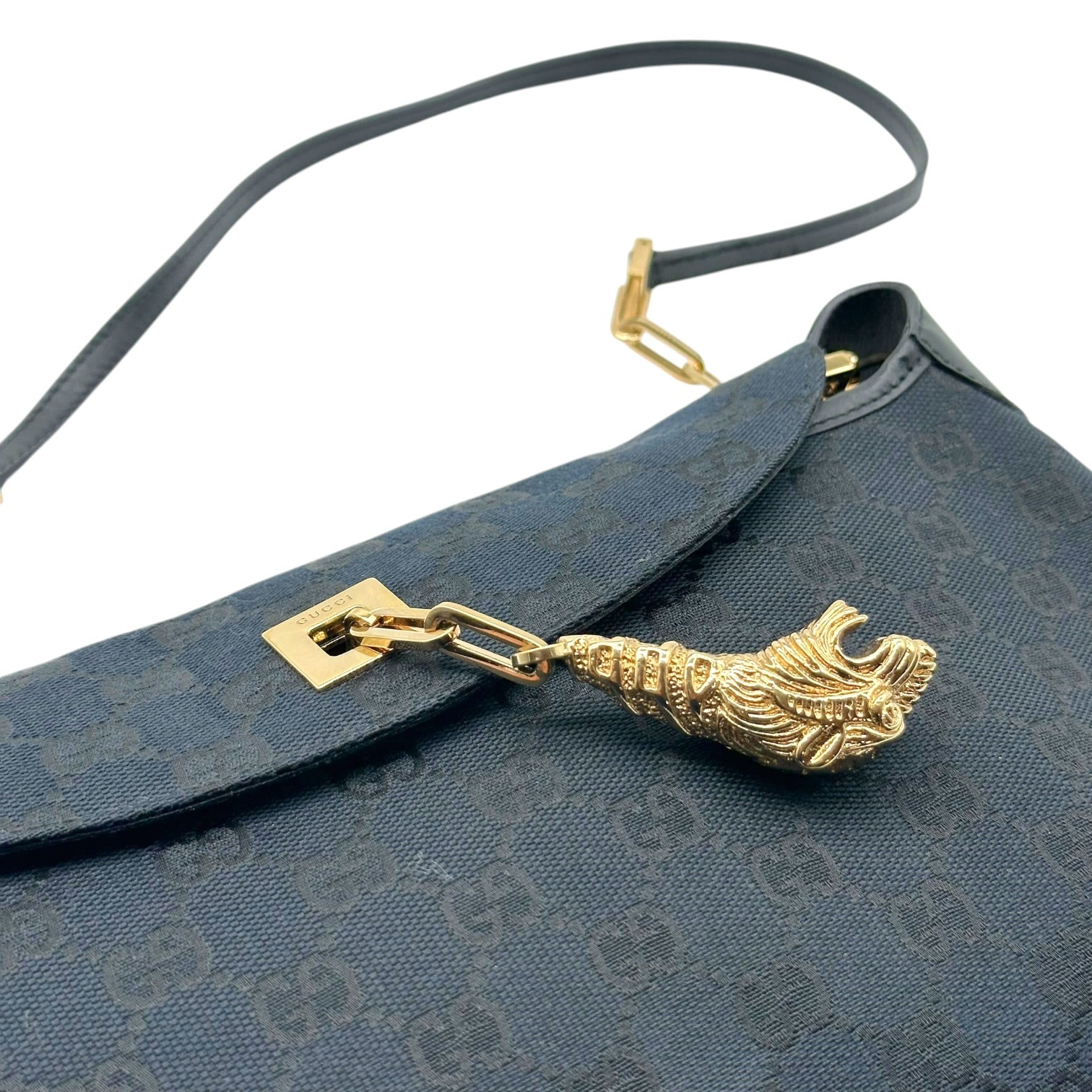 Gucci Shoulder Bag Black Monogram Gold Chain Tiger Charm