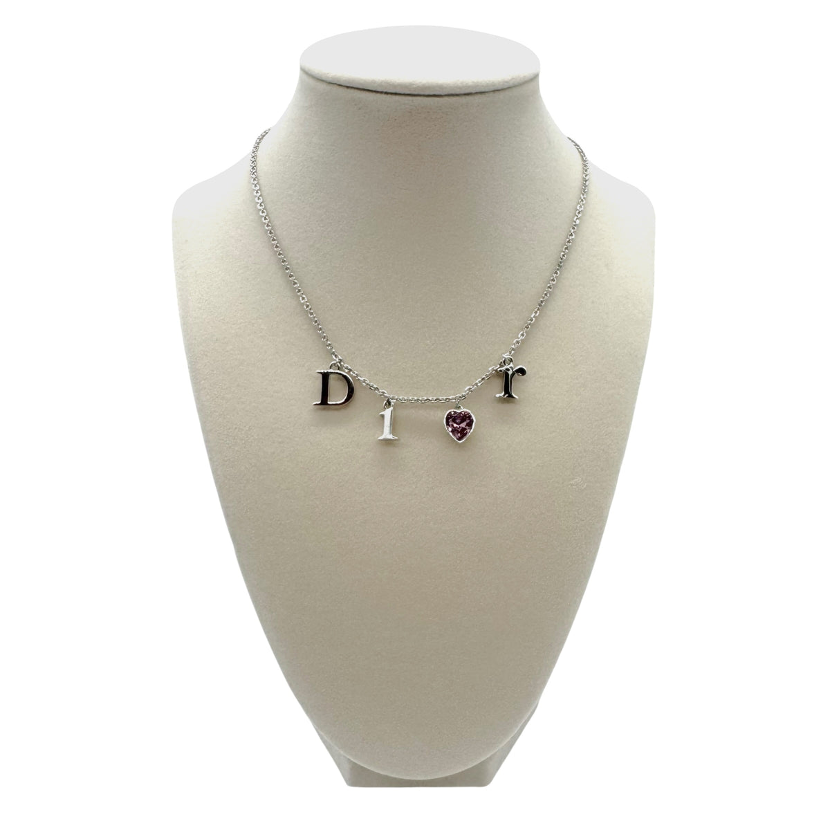 Christian Dior Silver Spell-Out Logo & Pink Crystal Heart Necklace