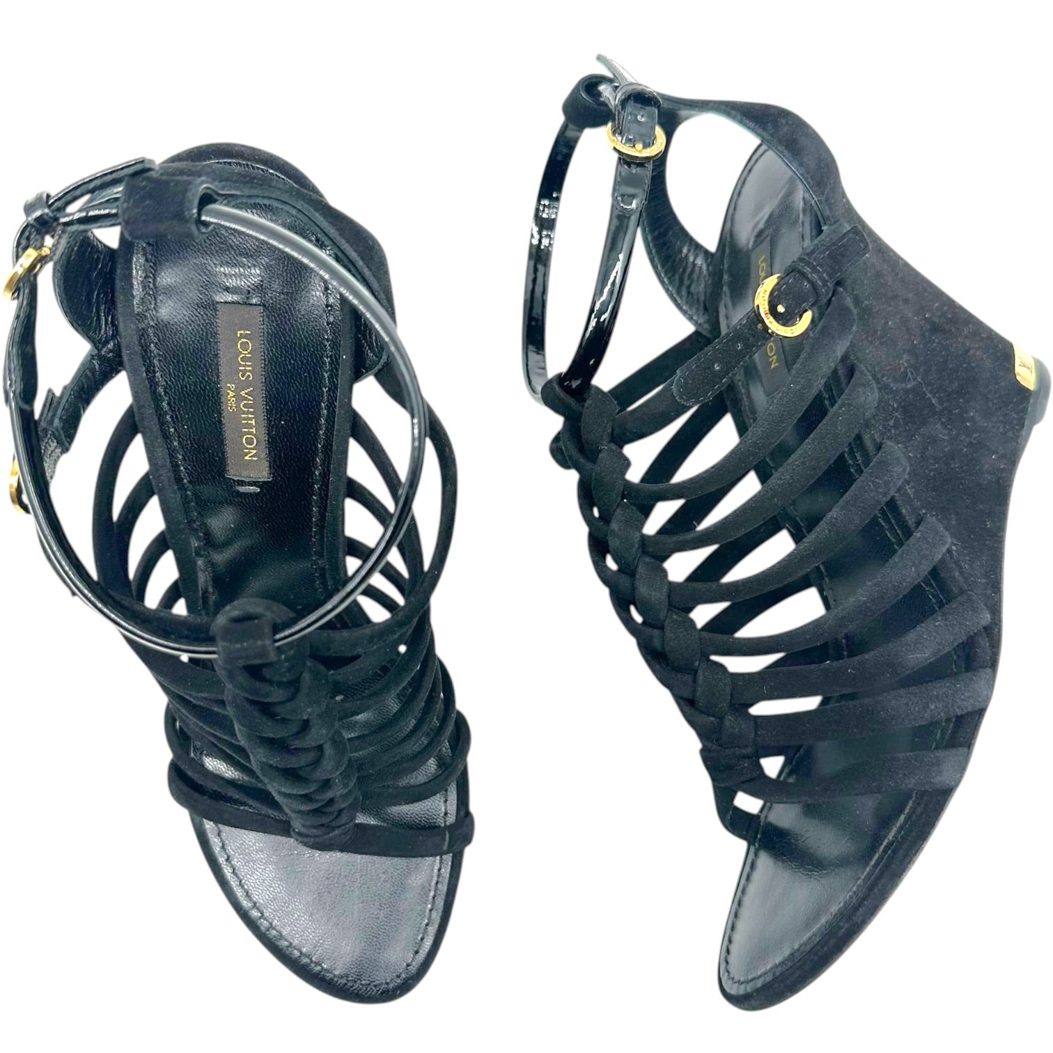 Louis Vuitton Black Suede & Gold Strappy Wedge Sandals - Outfit Repeater
