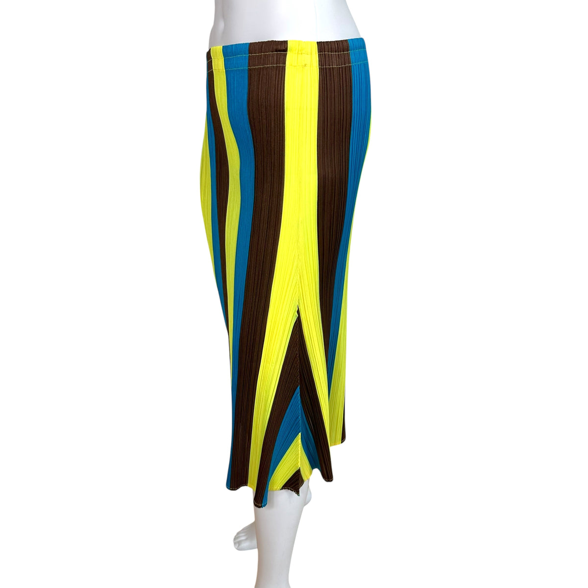 Issey Miyake Pleats Please Neon Yellow Striped Midi Skirt