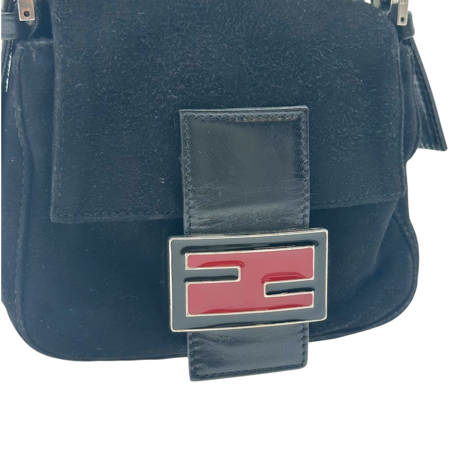Fendi Black Suede Mini Baguette Bag with Red Buckle