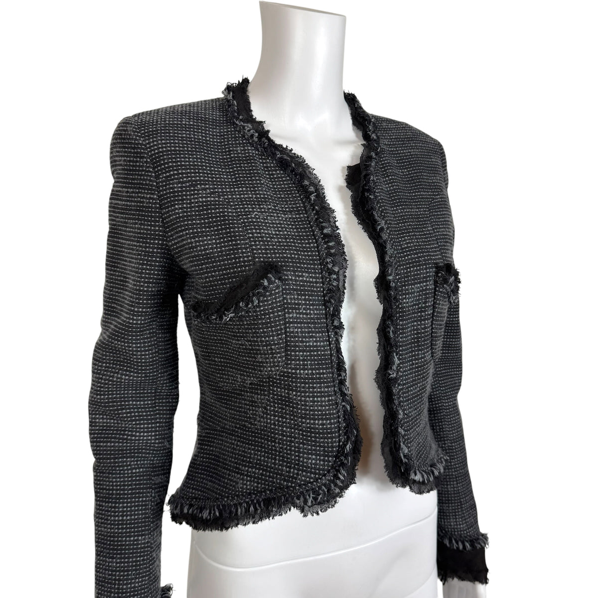 Chanel Cruise 2004 Black & Gray Tweed Silk Trim Cropped Blazer Jacket