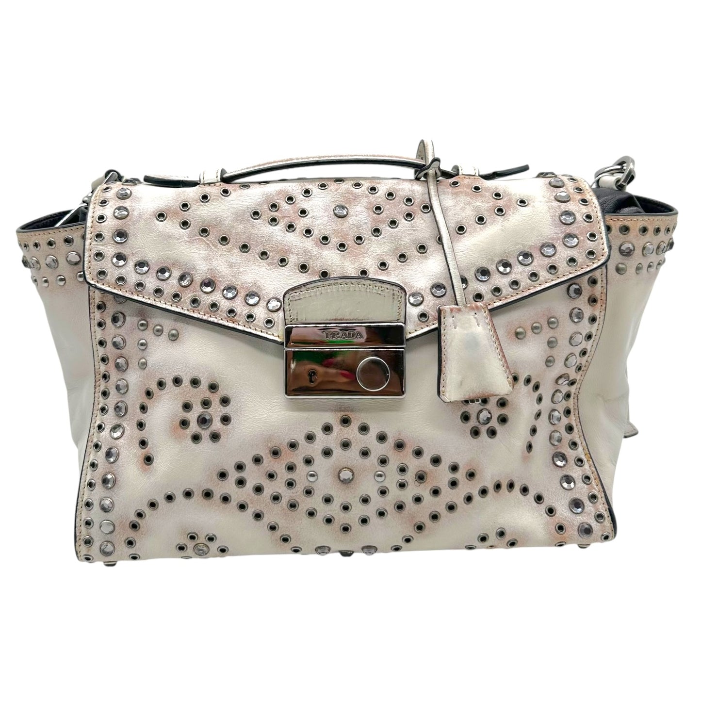 Prada White Leather Studded & Rhinestone Embellished 2-Way Bag