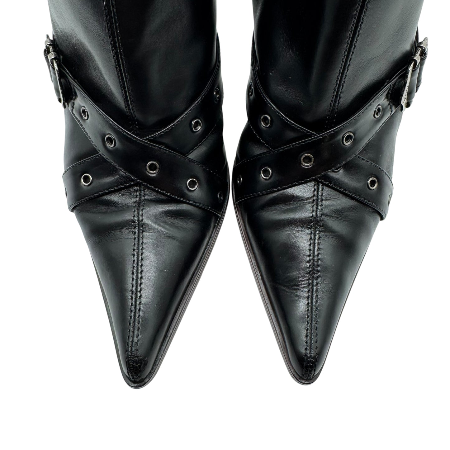 Christian Dior Black Leather Heeled Buckle Boots - Outfit Repeater