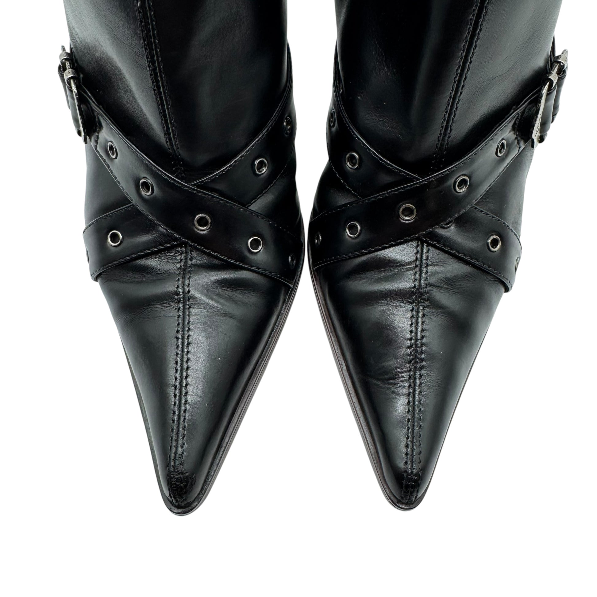 Christian Dior Black Leather Heeled Buckle Boots - Outfit Repeater