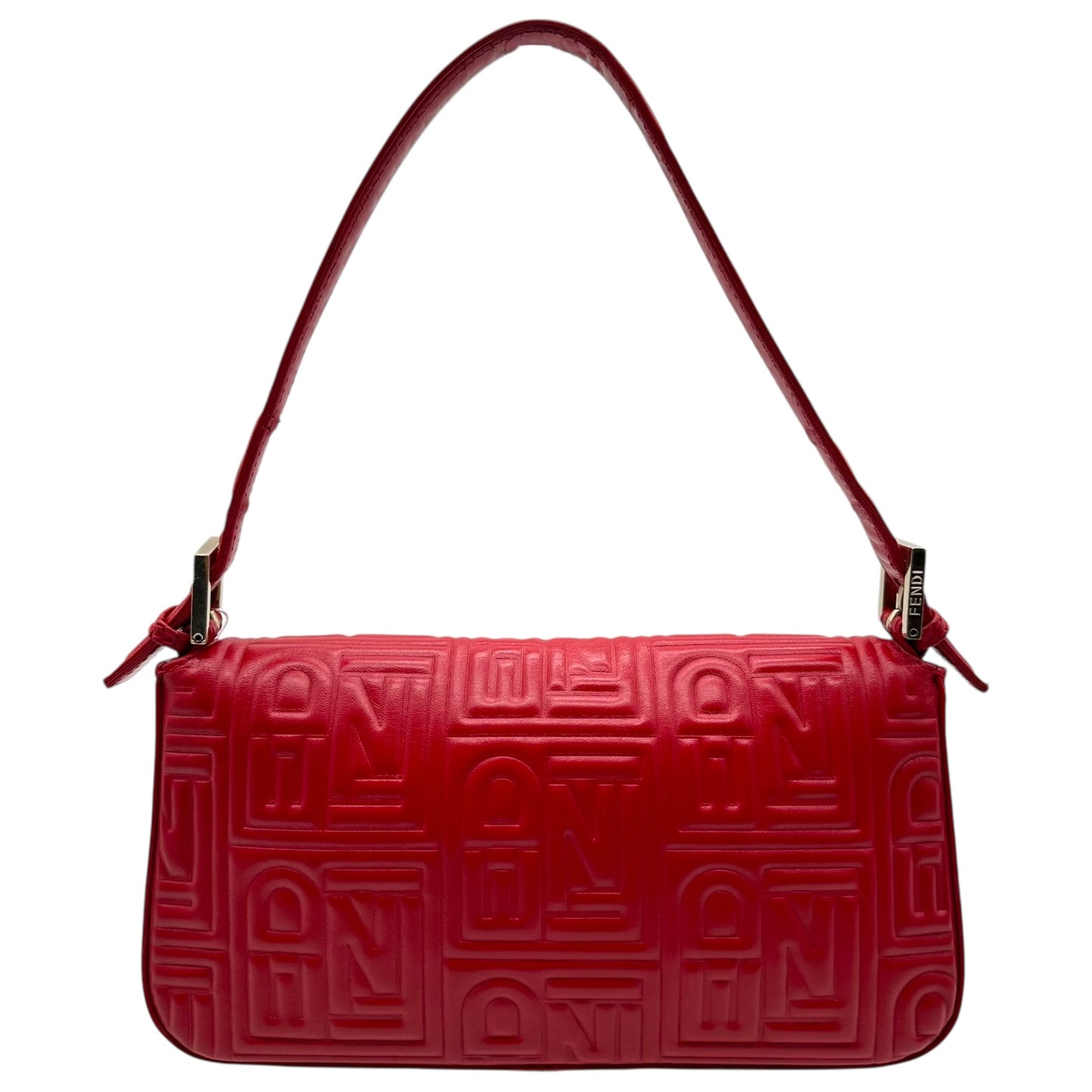 Fendi Red Leather Embossed Logo Baguette Bag