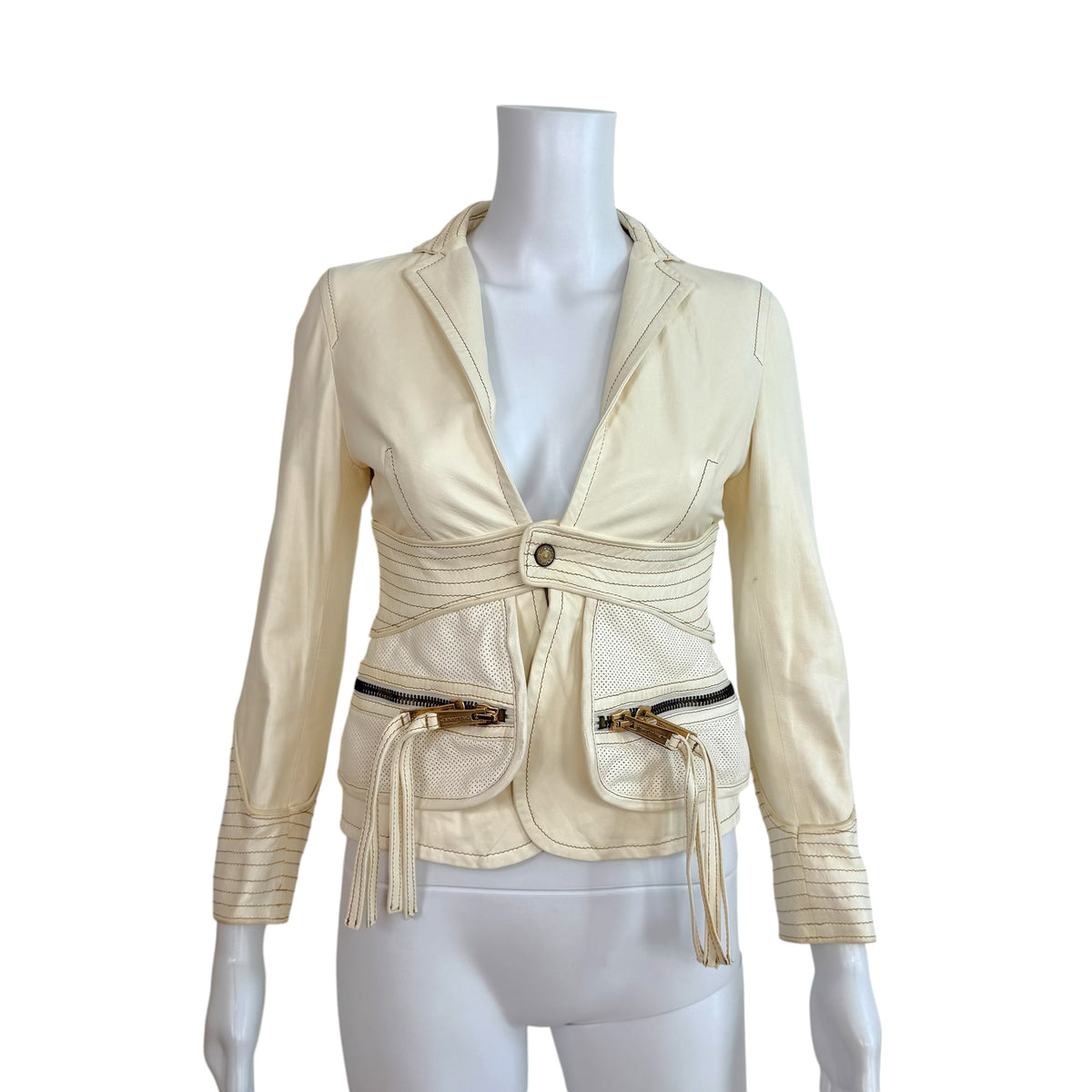 Dsquared2 White 3/4 Sleeve Contrast Stitch Leather Blazer Jacket