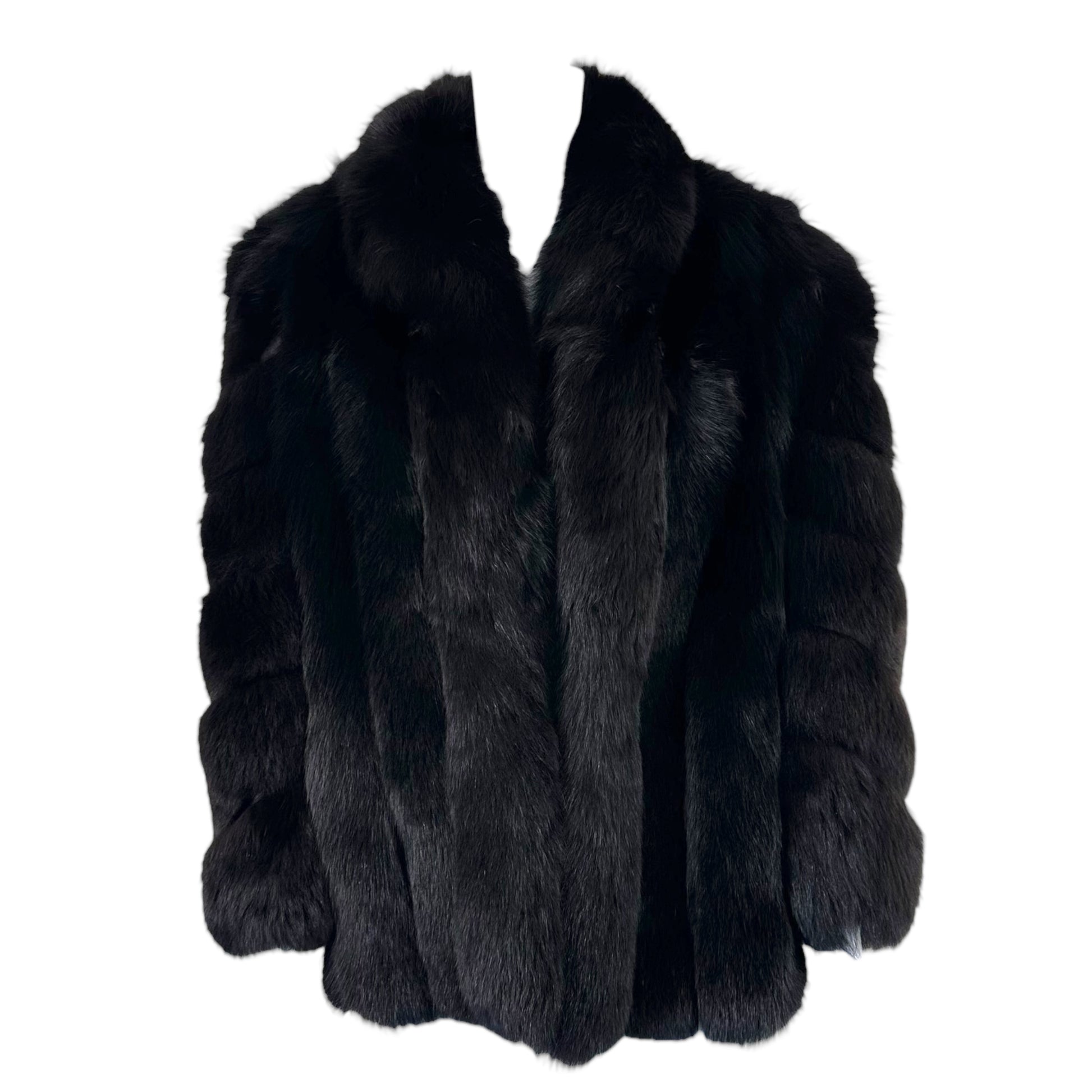 Saga Black Fox Fur Coat Vintage Open Front M