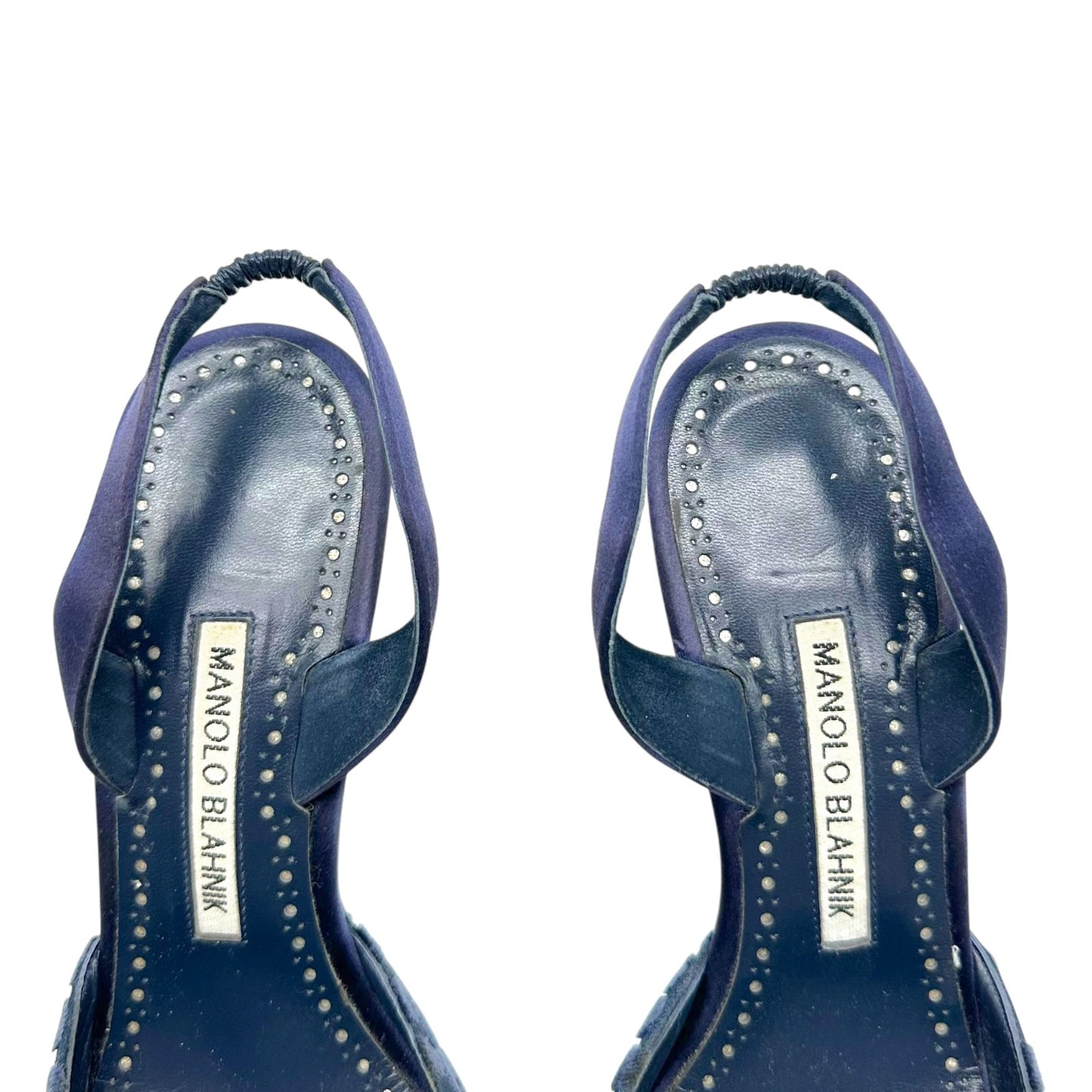 Manolo Blahnik Navy Blue Velvet Polka Dot Slingback Heels