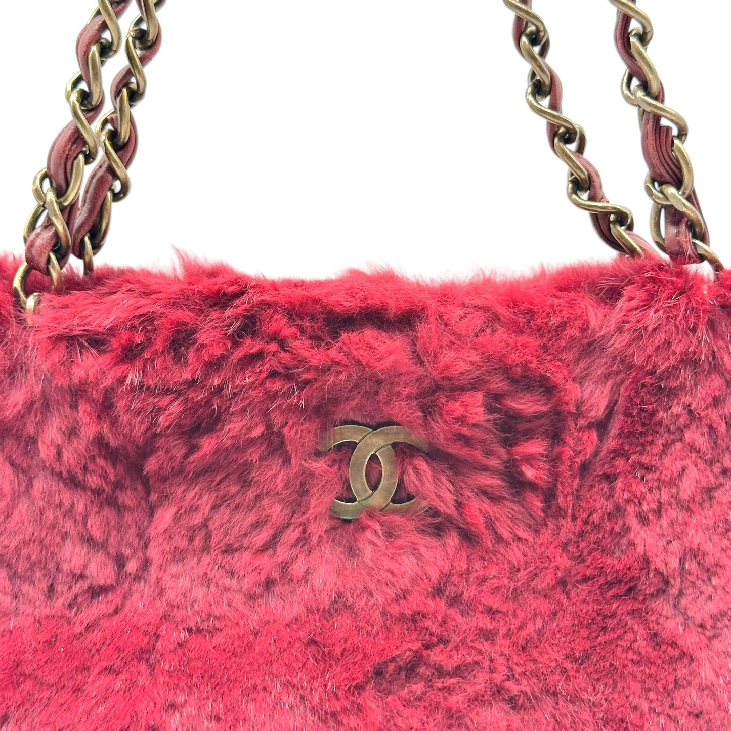 Chanel Burgundy Rabbit Fur Shoulder Tote Bag