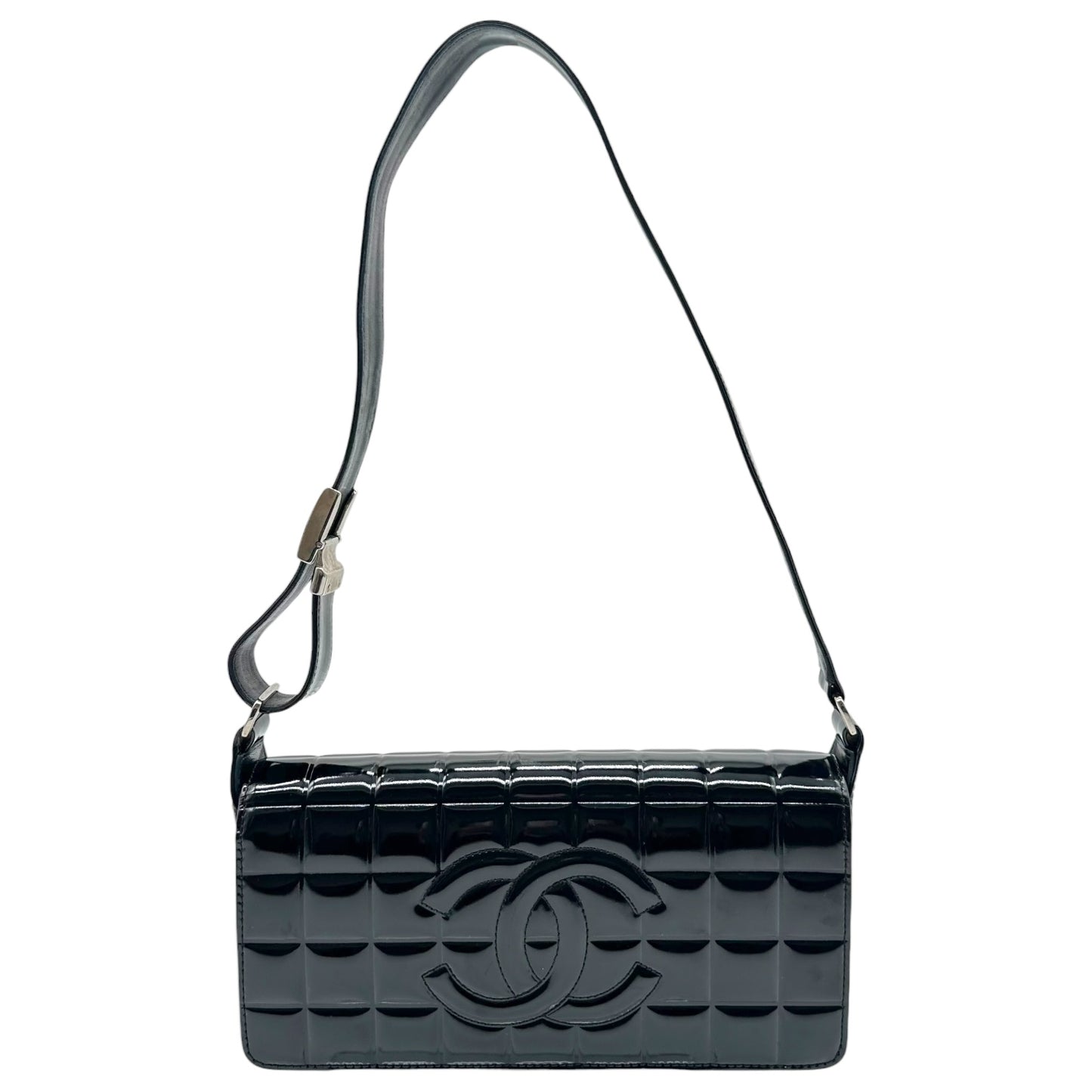 Chanel Black Patent Leather Chocolate Bar Pochette Bag