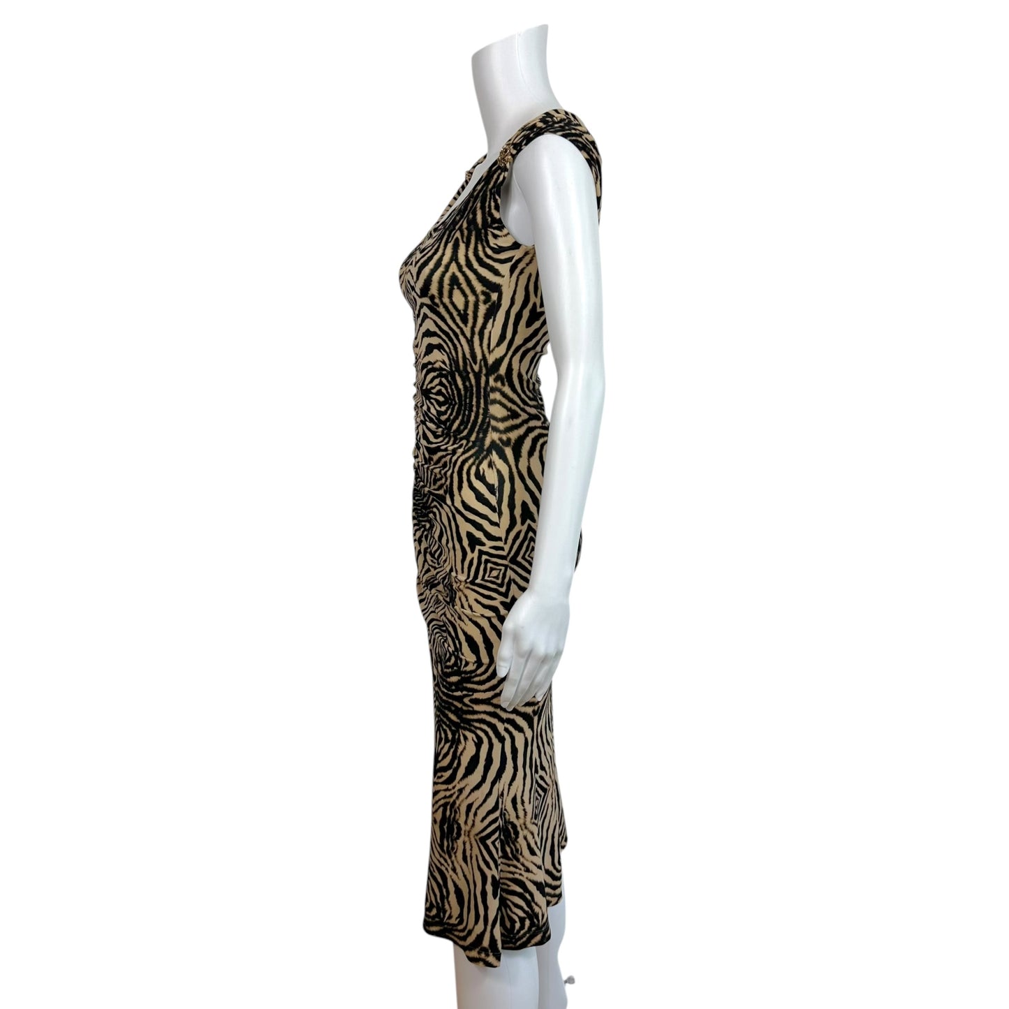Roberto Cavalli 2006 Tan & Black Zebra Print Midi Dress