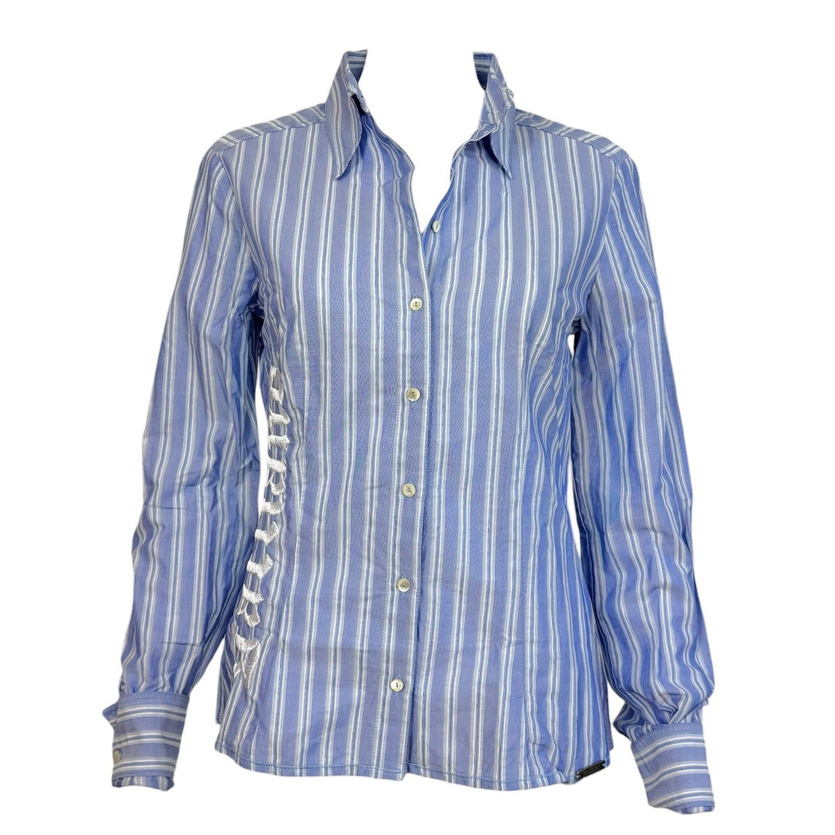 Galliano Blue Pinstriped Logo Embroidered Button Up Blouse