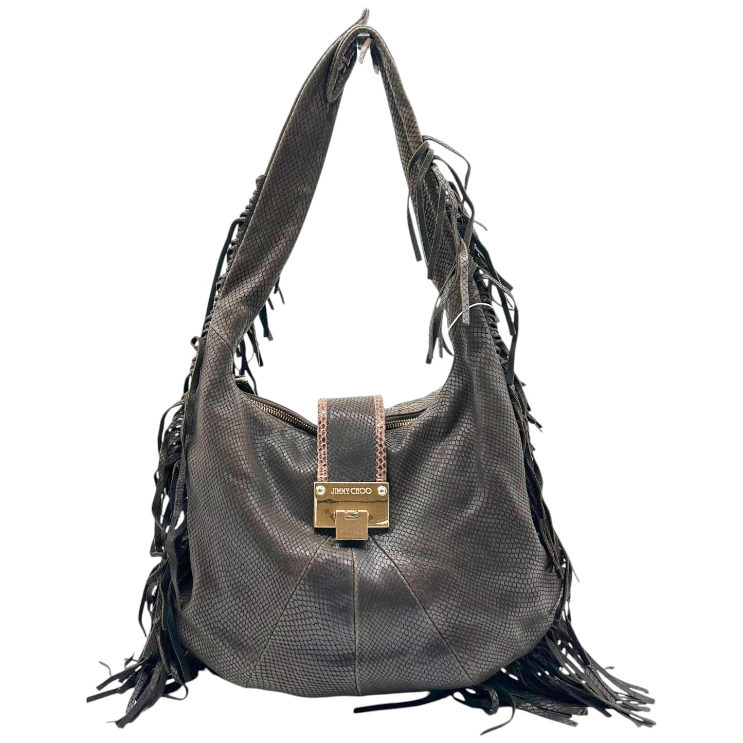 Jimmy Choo Brown Snakeskin Embossed Hobo Bag with Fringe
