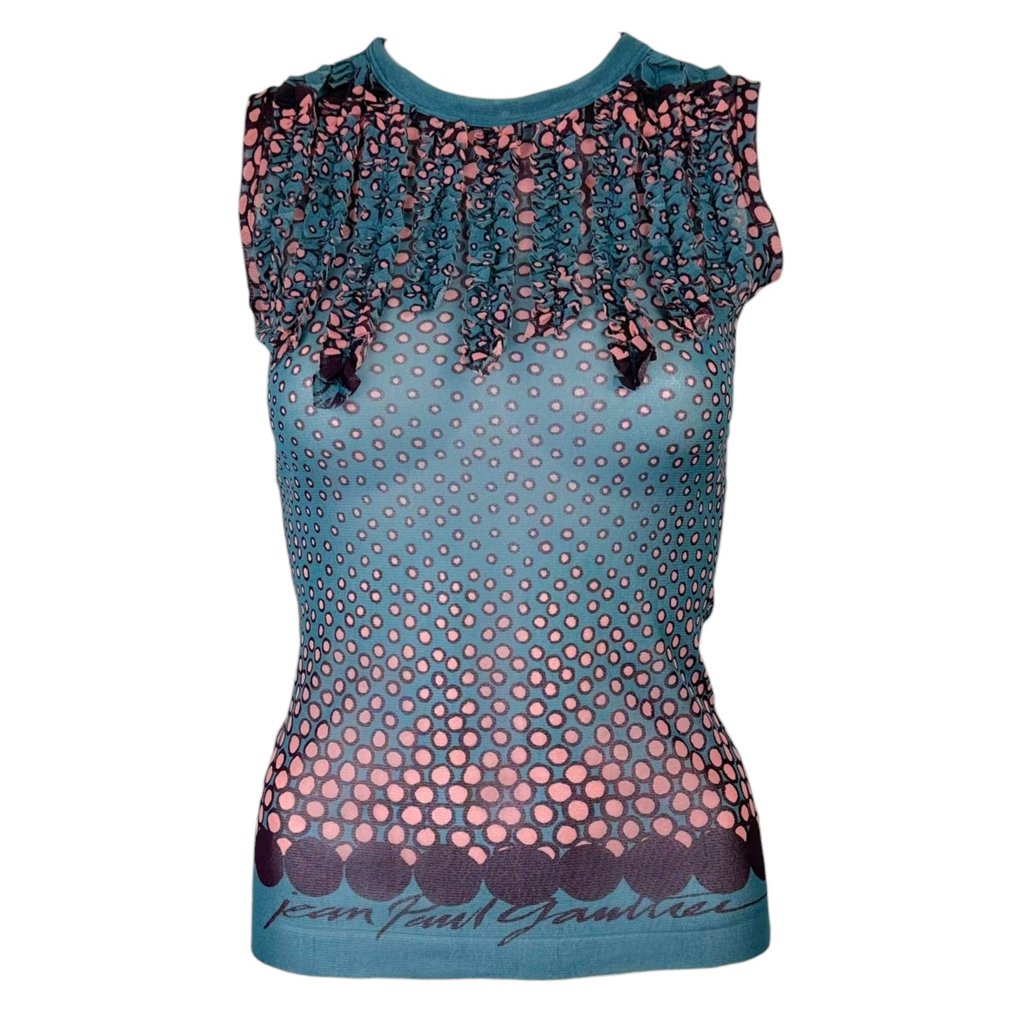 Jean Paul Gaultier Teal & Pink Logo Print Polka Dot Mesh Tank