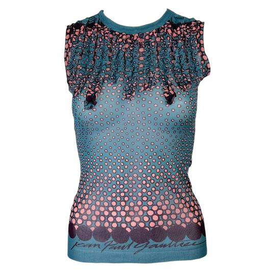Jean Paul Gaultier Teal & Pink Logo Print Polka Dot Mesh Tank