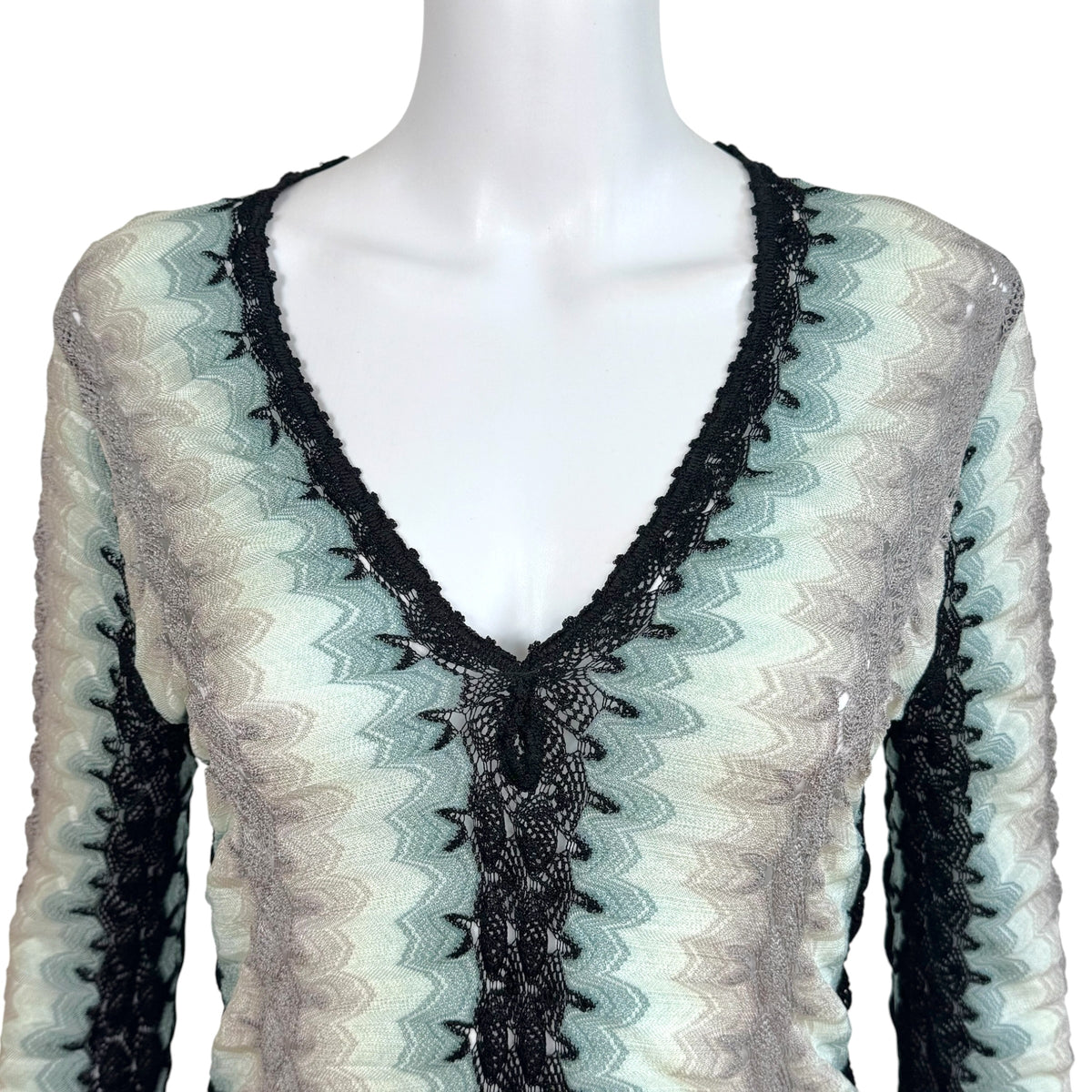 Missoni Turquoise Black & Gray Chevron Knit Longsleeve Midi Dress