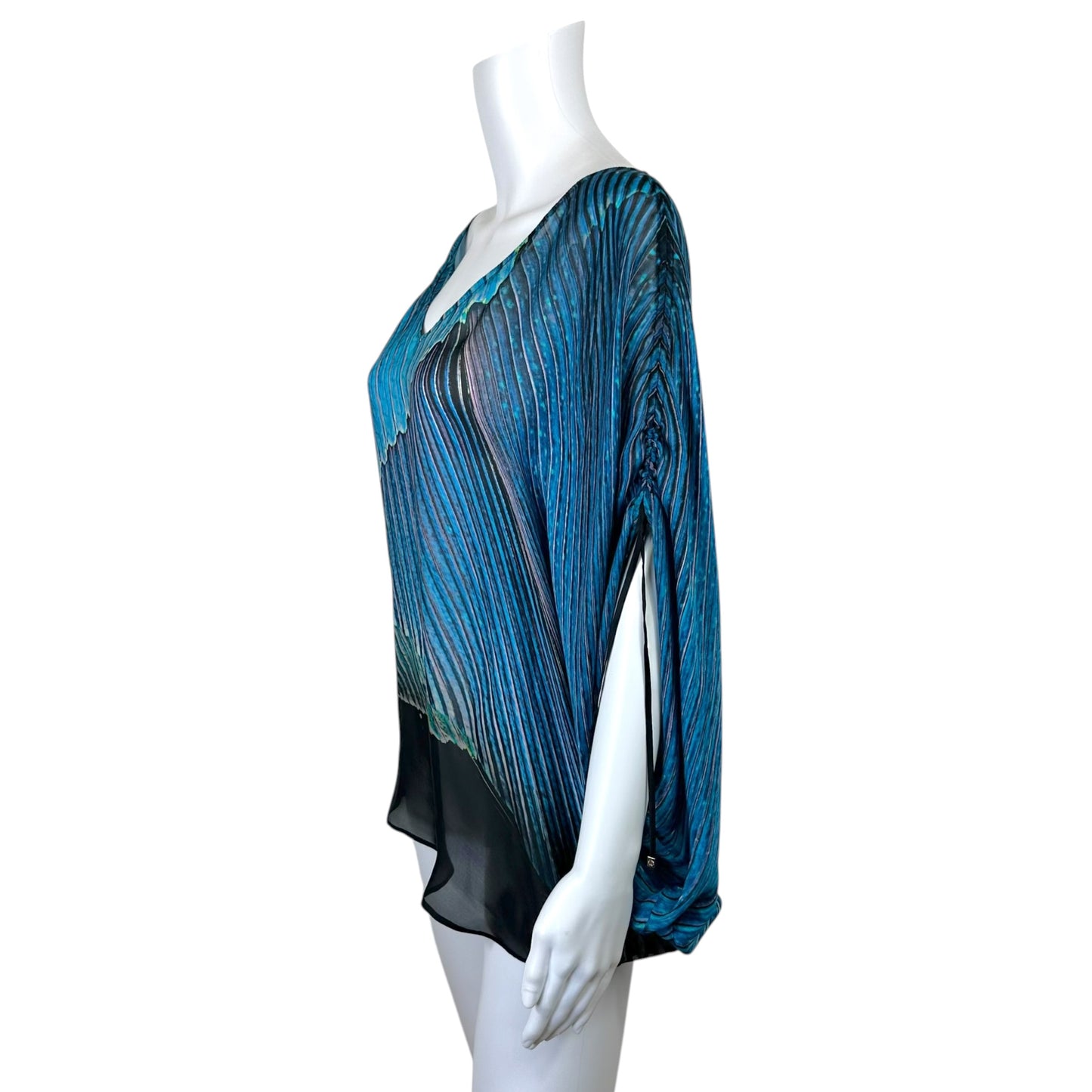 Roberto Cavalli Turquoise & Black Stripe Print Sheer Silk Dolman Blouse