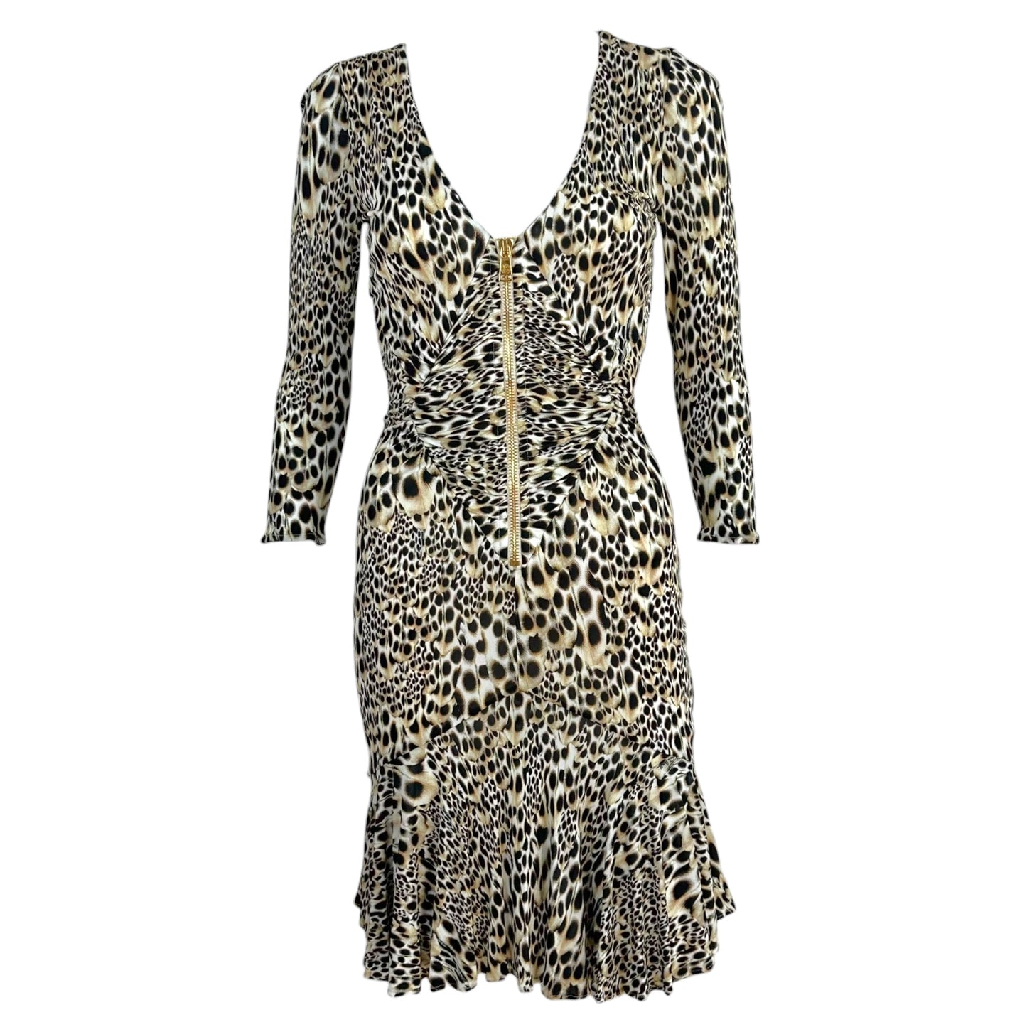 Roberto Cavalli Leopard Print Zippered 3/4 Sleeve Midi Dress