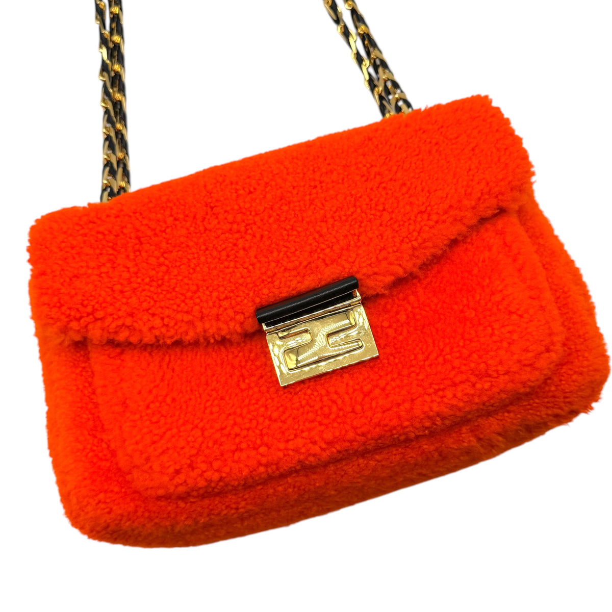 Fendi Bright Orange Shearling Be-Baguette 2-Way Bag