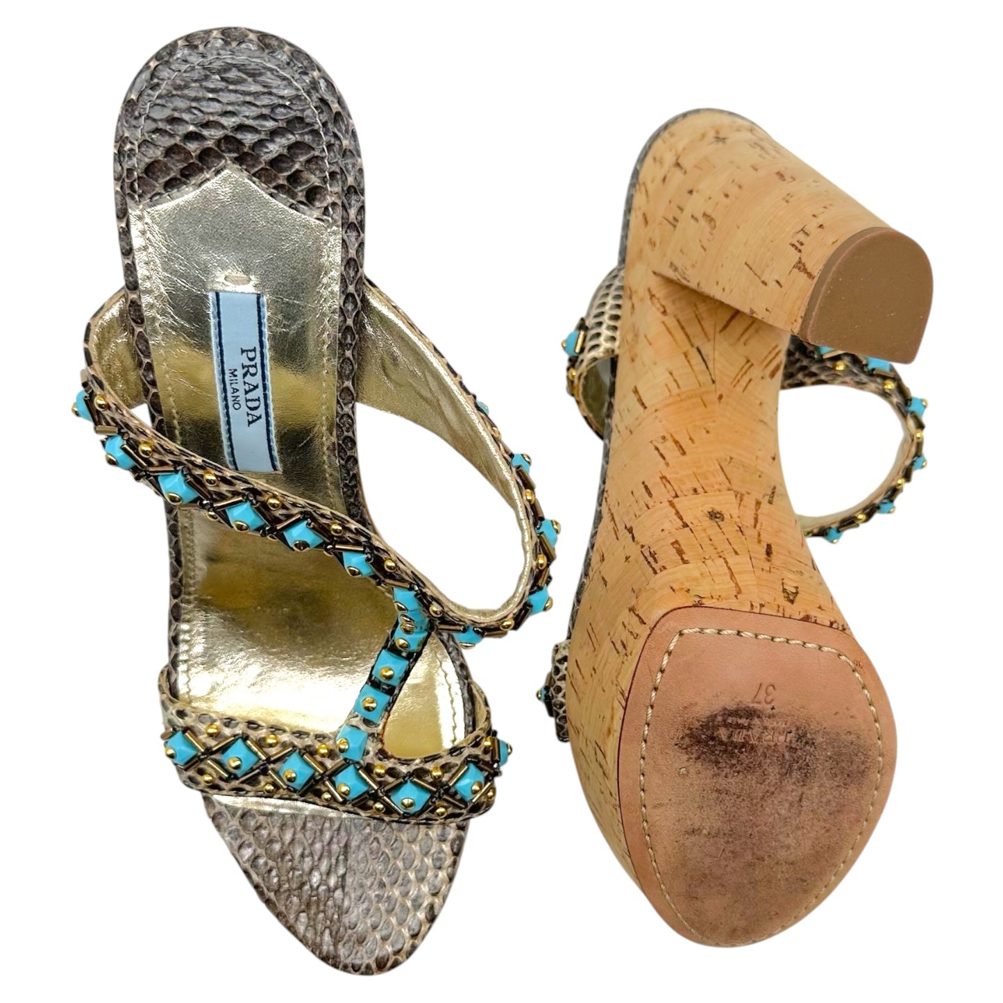 Prada Turquoise Beaded Snakeskin Cork Platform Sandal Heels