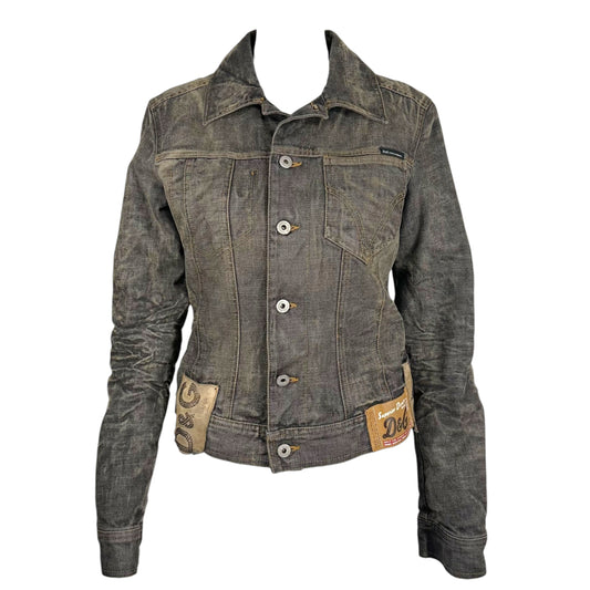 D&G Dolce & Gabbana Leather Logo Patch Black Denim Jacket