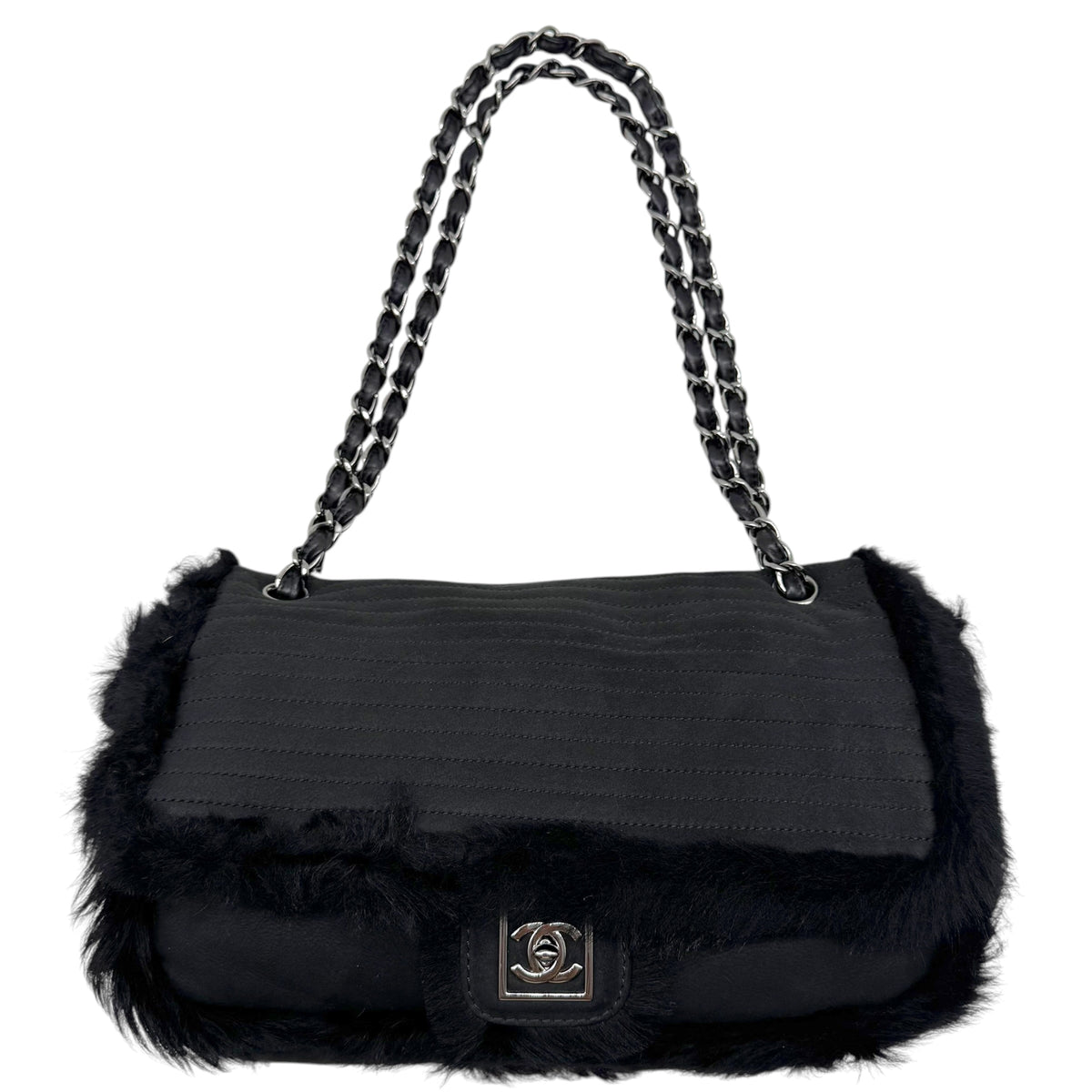 Chanel Sport Black Shearling Quilted Large Flap Bag 2006-08