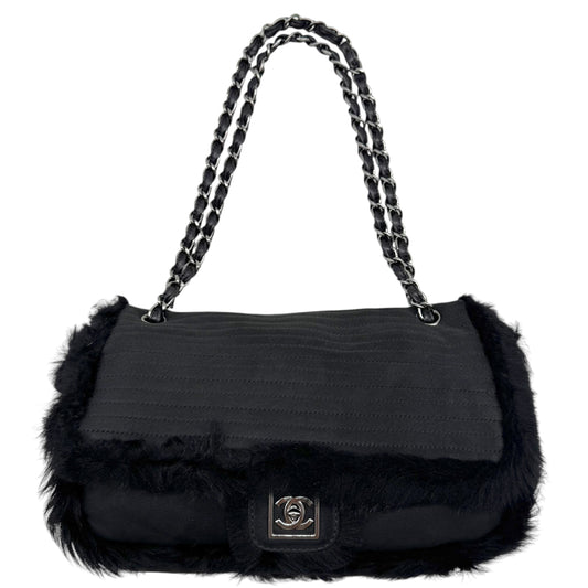 Chanel Sport Black Shearling Quilted Large Flap Bag 2006-08