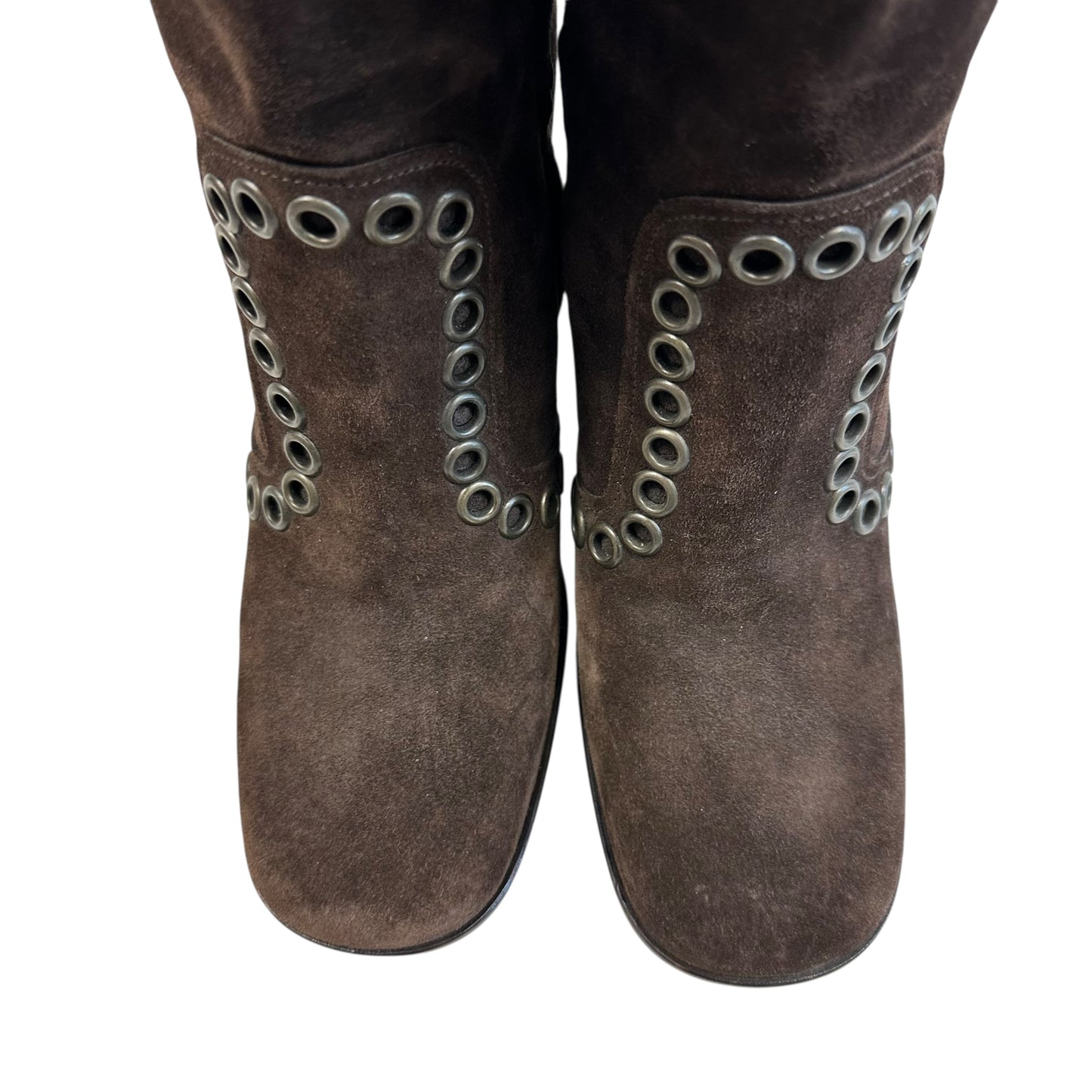 Dolce & Gabbana Brown Suede Butterfly Rivet Heeled Boots - Outfit Repeater
