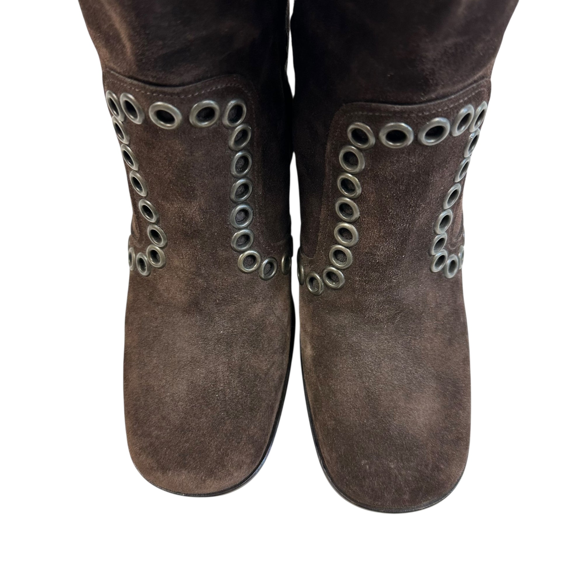 Dolce & Gabbana Brown Suede Butterfly Rivet Heeled Boots - Outfit Repeater