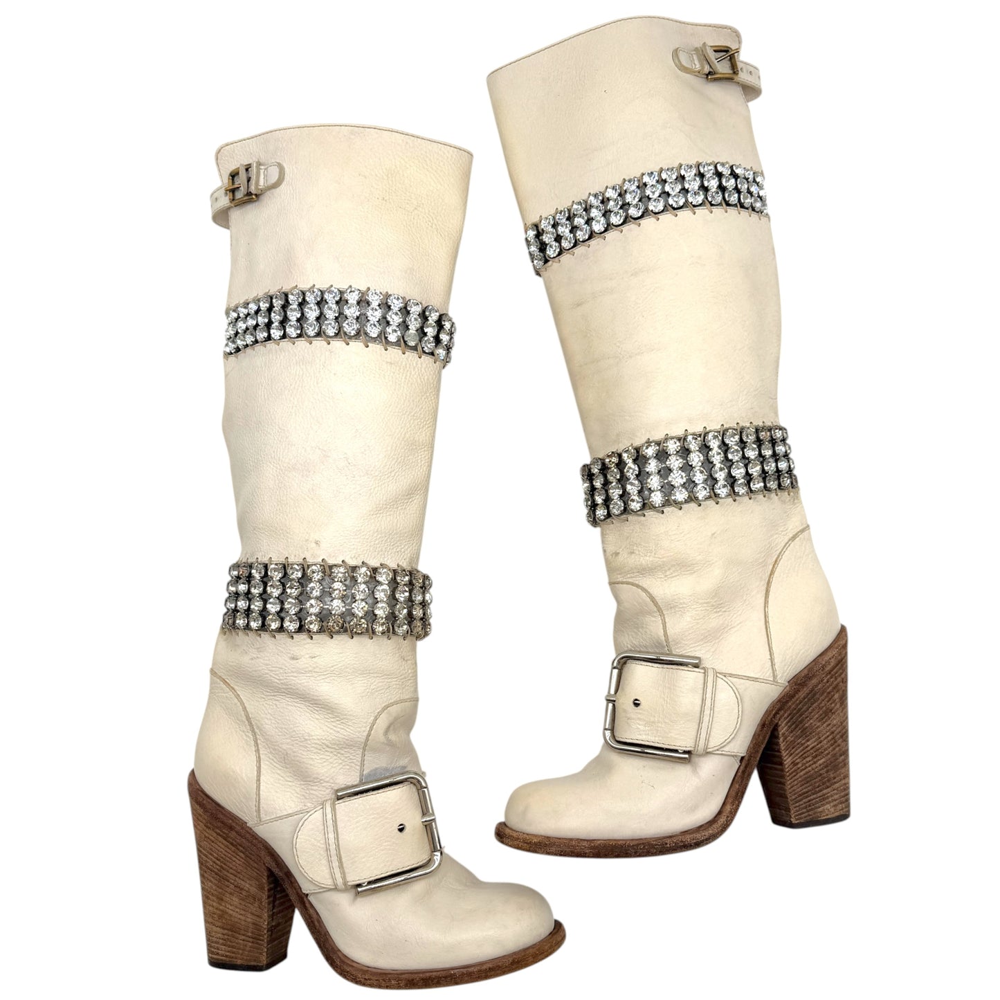 Dolce & Gabbana White Leather & Crystal Heeled Boots