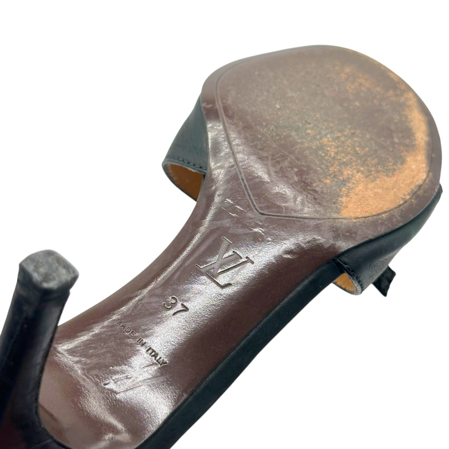 Louis Vuitton Black Leather Gold Logo Charm Kitten Heel Mules